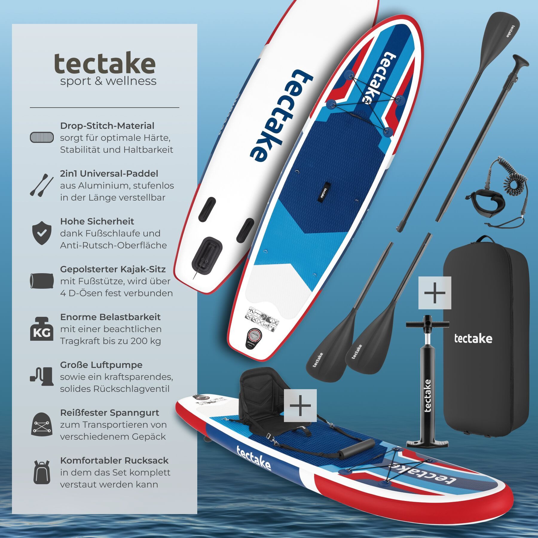 tectake SUP-Board Stand-Up Paddle Board 2in1, Belastbarkeit 200 kg, 288 x 77 x 22,5 cm, Stand-up Paddle, (Komplettset mit Rucksack, rot/blau), aufblasbar, stabil, leicht und rutschfest