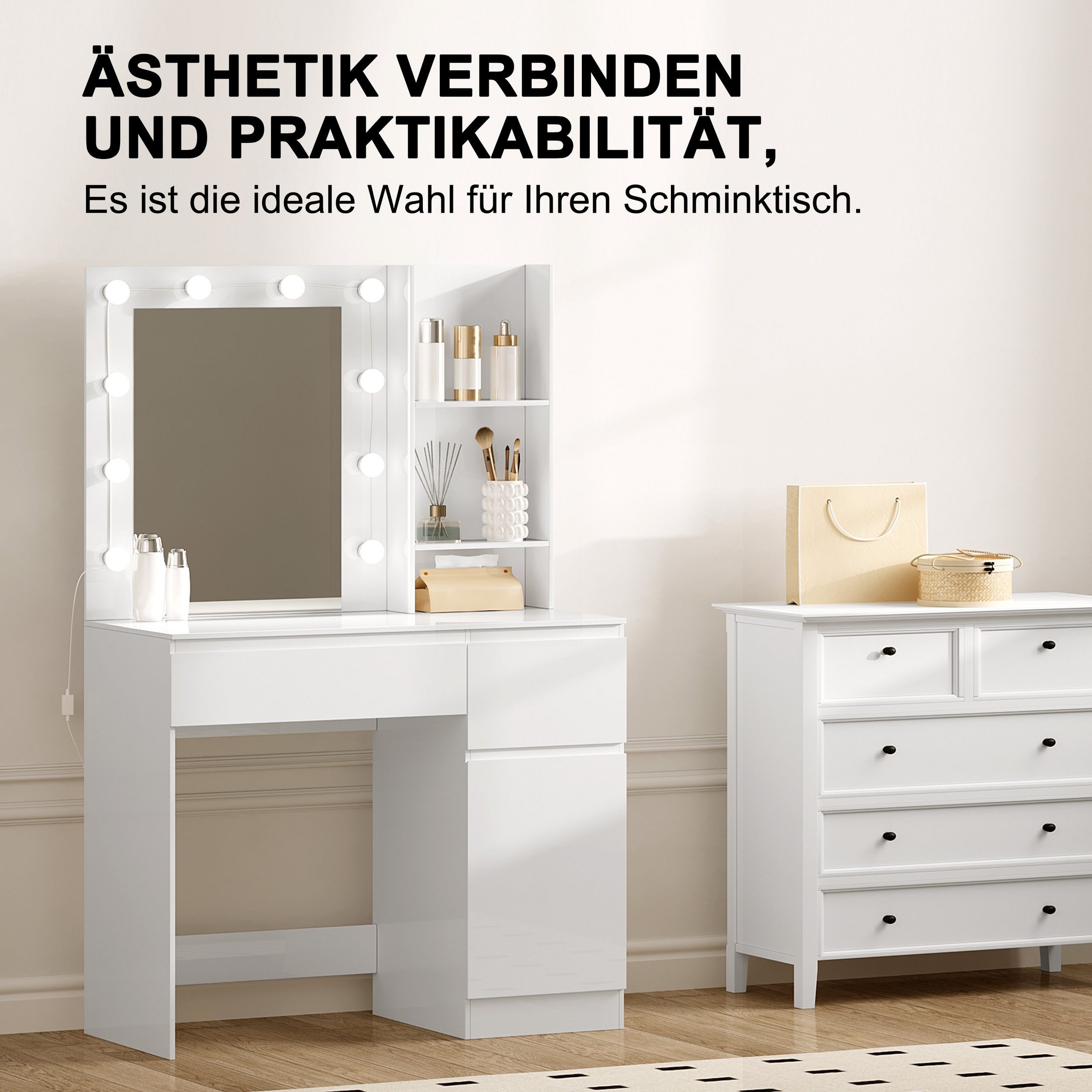 EUGAD Schminktisch (1-St), mit Spiegel und LED-Beleuchtung, mit Stauraum, Weiß