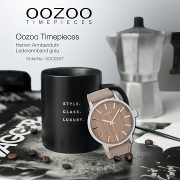 OOZOO Quarzuhr Oozoo Herren Armband-Uhr grau, Herrenuhr rund, groß (ca. 45mm) Lederarmband, Fashion-Style