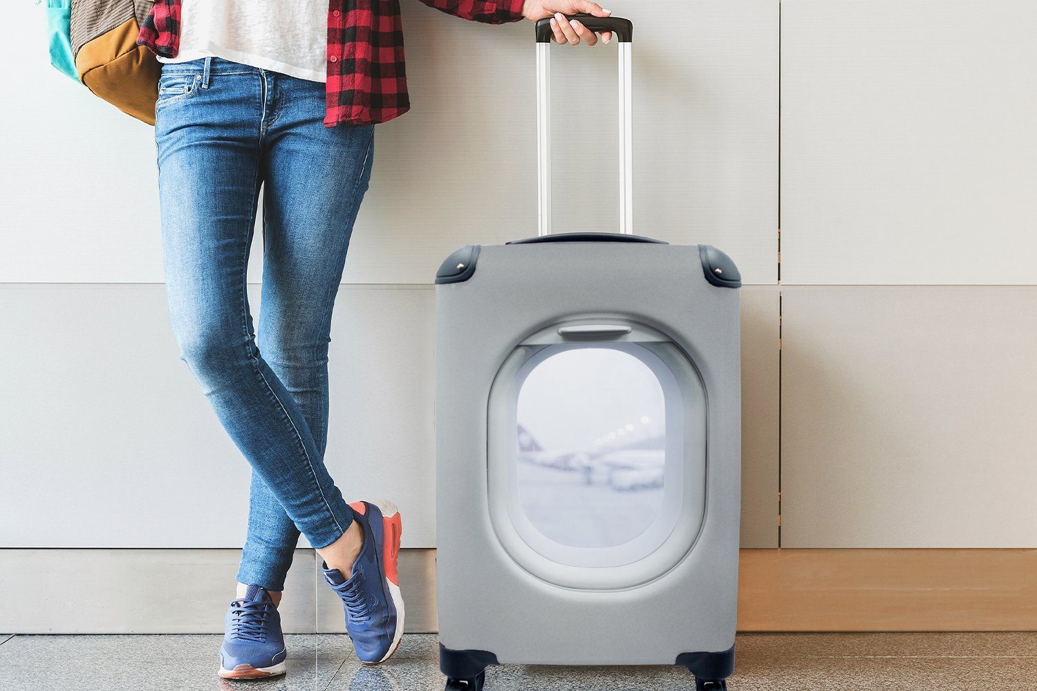 dem Blick für Handgepäckkoffer Reisekoffer Flugzeugfenster, rollen, 4 mit Handgepäck Ferien, Reisetasche Trolley, aus MuchoWow Rollen,