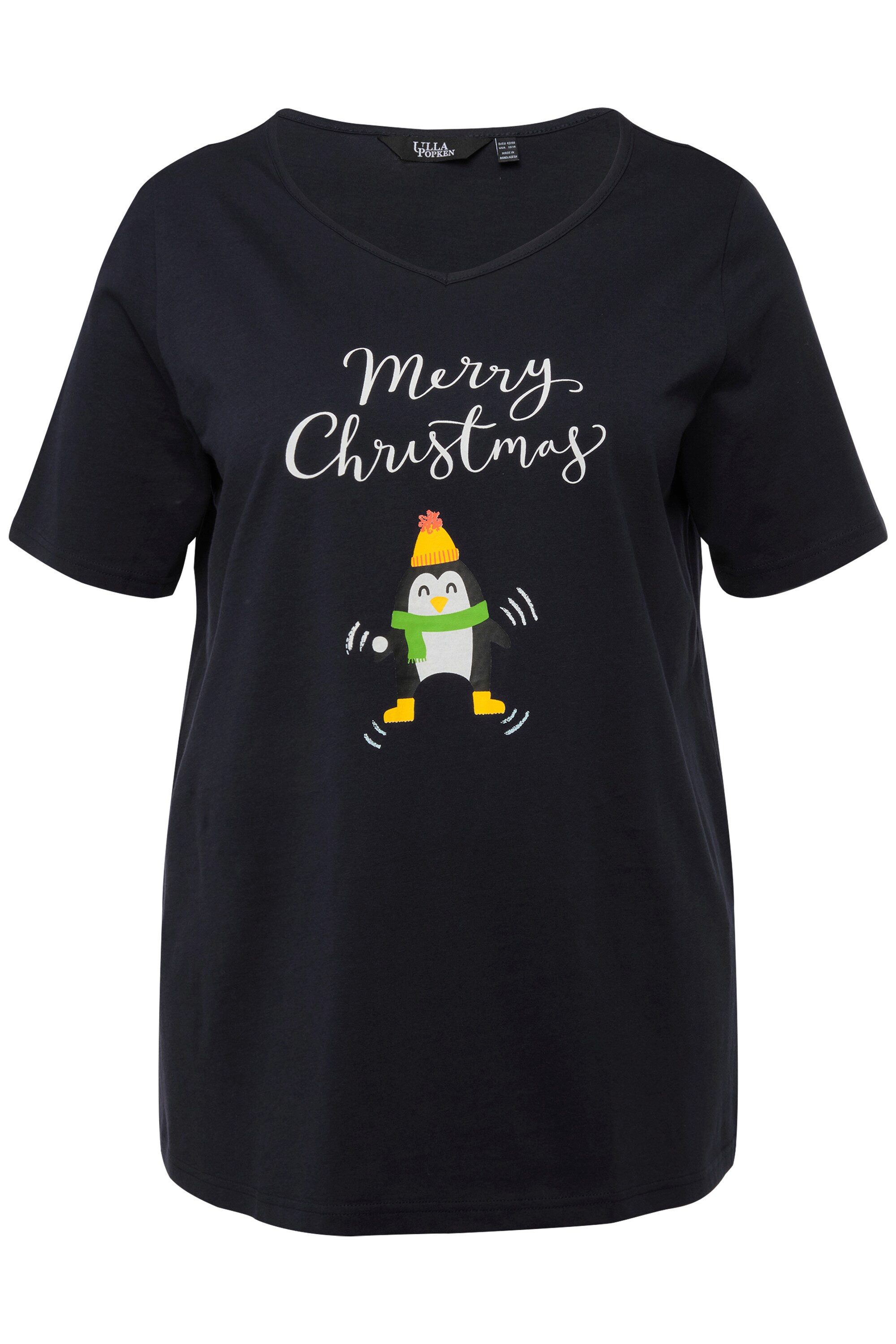 Ulla Popken T-Shirt Weihnachts-Shirt Pinguin A-Linie V-Ausschnitt günstig online kaufen
