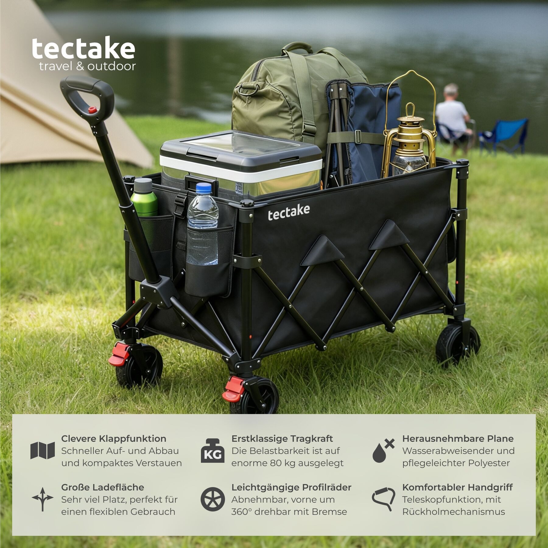 tectake Bollerwagen Handwagen RollRider faltbar, Teleskopgriff, Profilräder (1 Transportwagen, 1-tlg., 150L Volumen in Schwarz mit abnehmbarer Plane aus Oxford-Gewebe), inklusive Einlegeboden und 3 Netztaschen, Belastbarkeit 100 kg