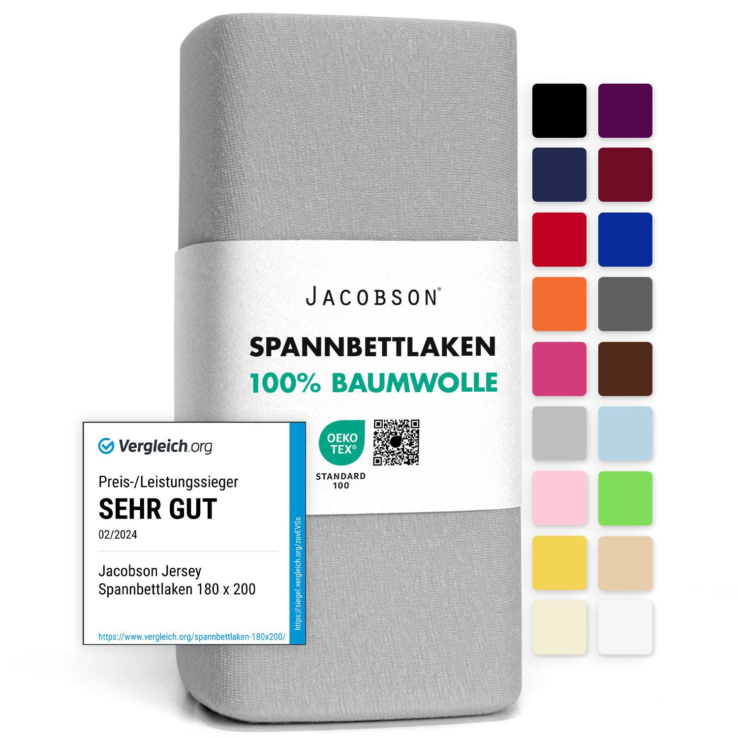 Jacobson Spannbettlaken aus 100% Baumwolle, Jersey Bettlaken 160 g/m², Spannbetttuch mit Gummizug, pflegeleicht & viele Farben
