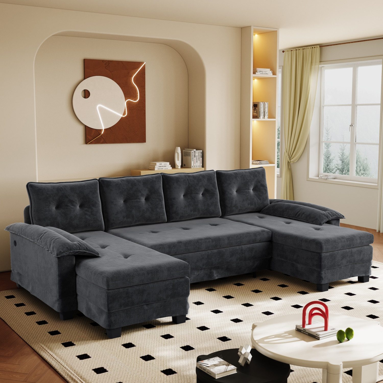 ANYSUN Wohnlandschaft U-förmiges modulares Sofa,Schlafsofa,Convertible Sectional Couch, 278cm Extragroßes,modulares Design,with Pull-Out Bed, mit USB-Ladefunktion, abnehmbaren Armlehnen, modernes Wohnzimmer-Sofa