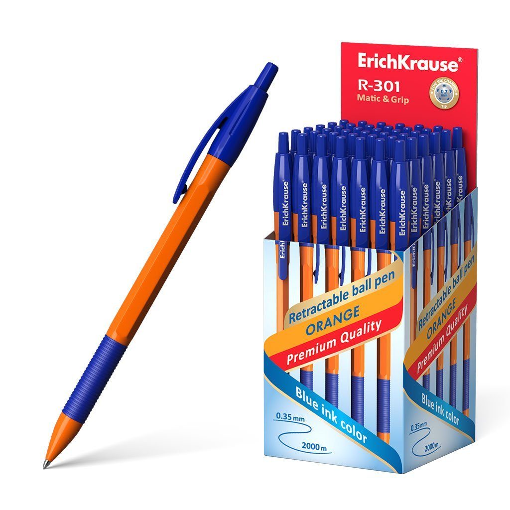Erich Krause Kugelschreiber, Kugelschreiber R-301 Orange Matic 0.7 Gummi Grip 50er Pack Tinte Blau