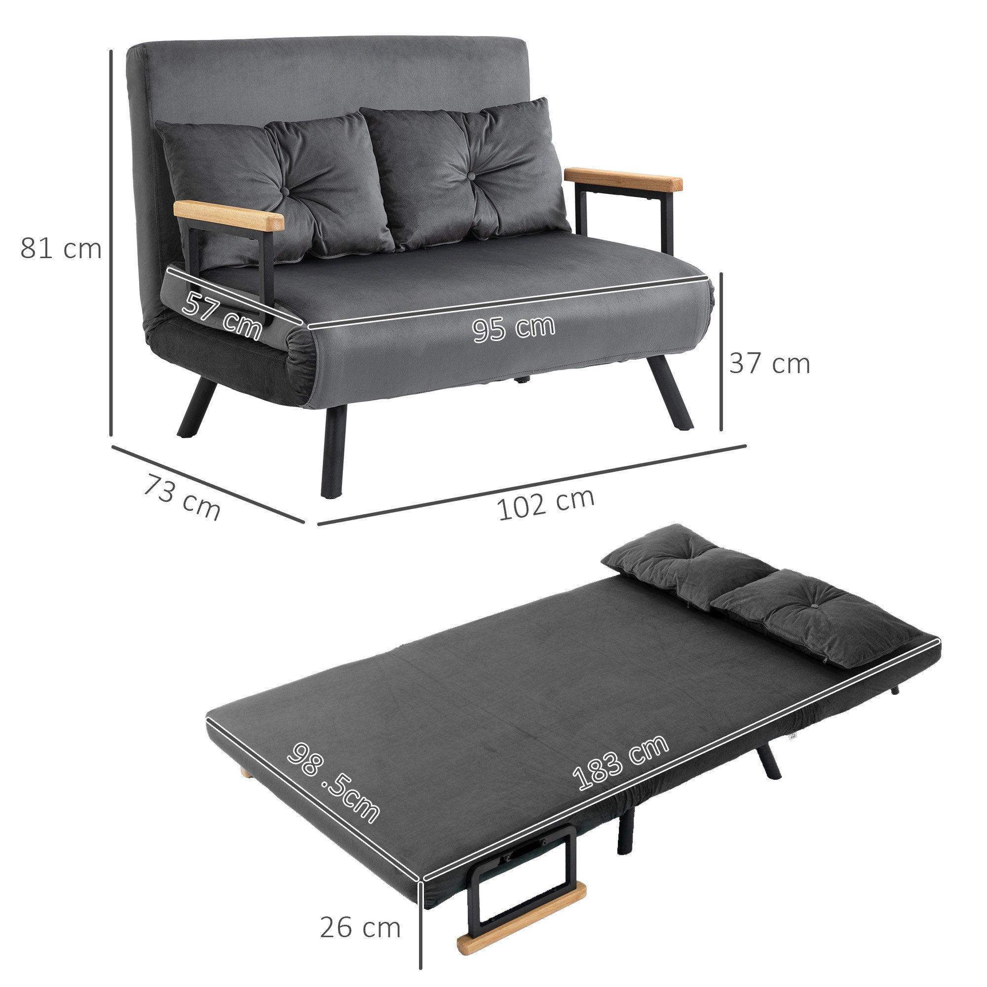 HOMCOM Schlafsofa 4 in 1 2 Sitzer Sofa Schlafcouch mit Samtoptik, Lendenkissen, Relaxsessel 1 Teile, für Wohnzimmer, Dunkelgrau