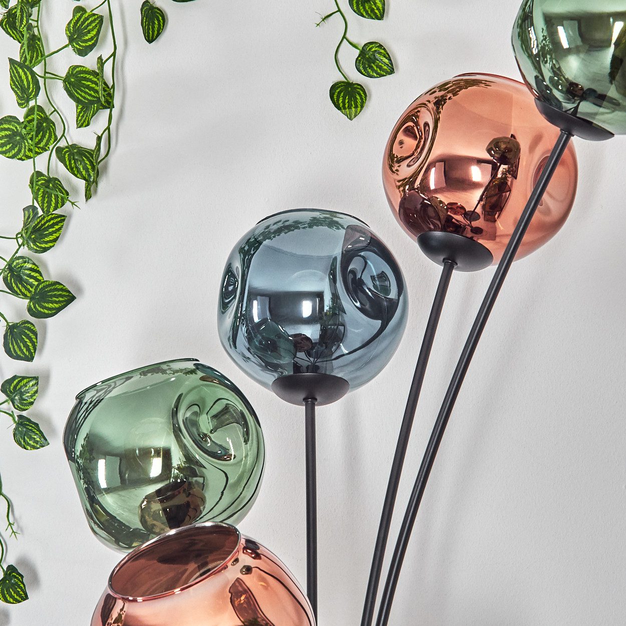 hofstein Stehlampe Stehlampe aus Metall/Glas in Schwarz/Kupfer/Blau/Grün mit Fußschalter, ohne Leuchtmittel, Stehleuchte im Retro/Vintage-Design mit Glasschirmen (15 cm), E14