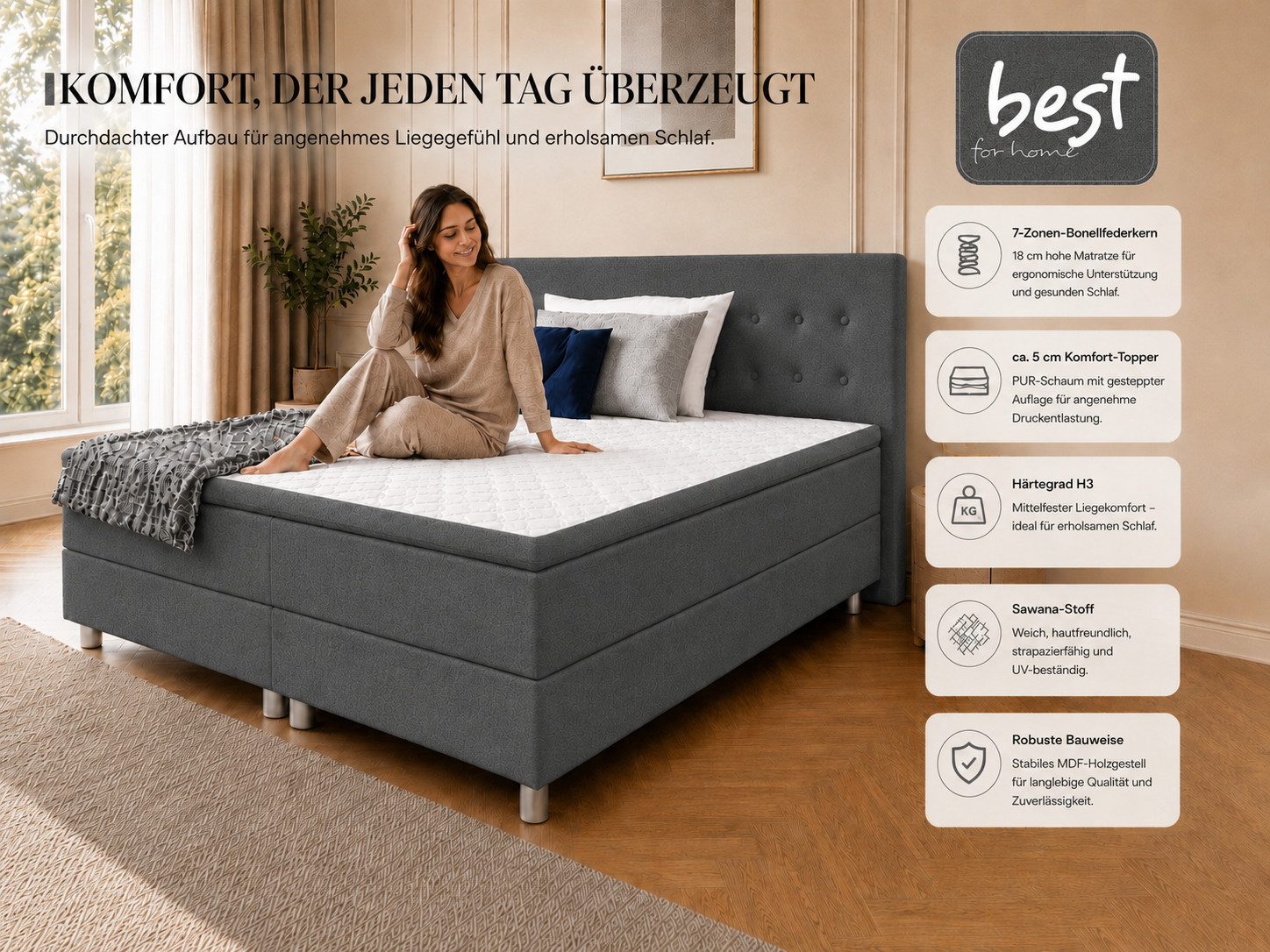 Best for Home Boxspringbett mit gepolstertem Kopfteil, komfortabler Bonnell-Matratze & 5 cm Topper (Boxspringbett-Set mit Matratze und Topper, 1-St., 90x200 120 – Bild 2 von 5
