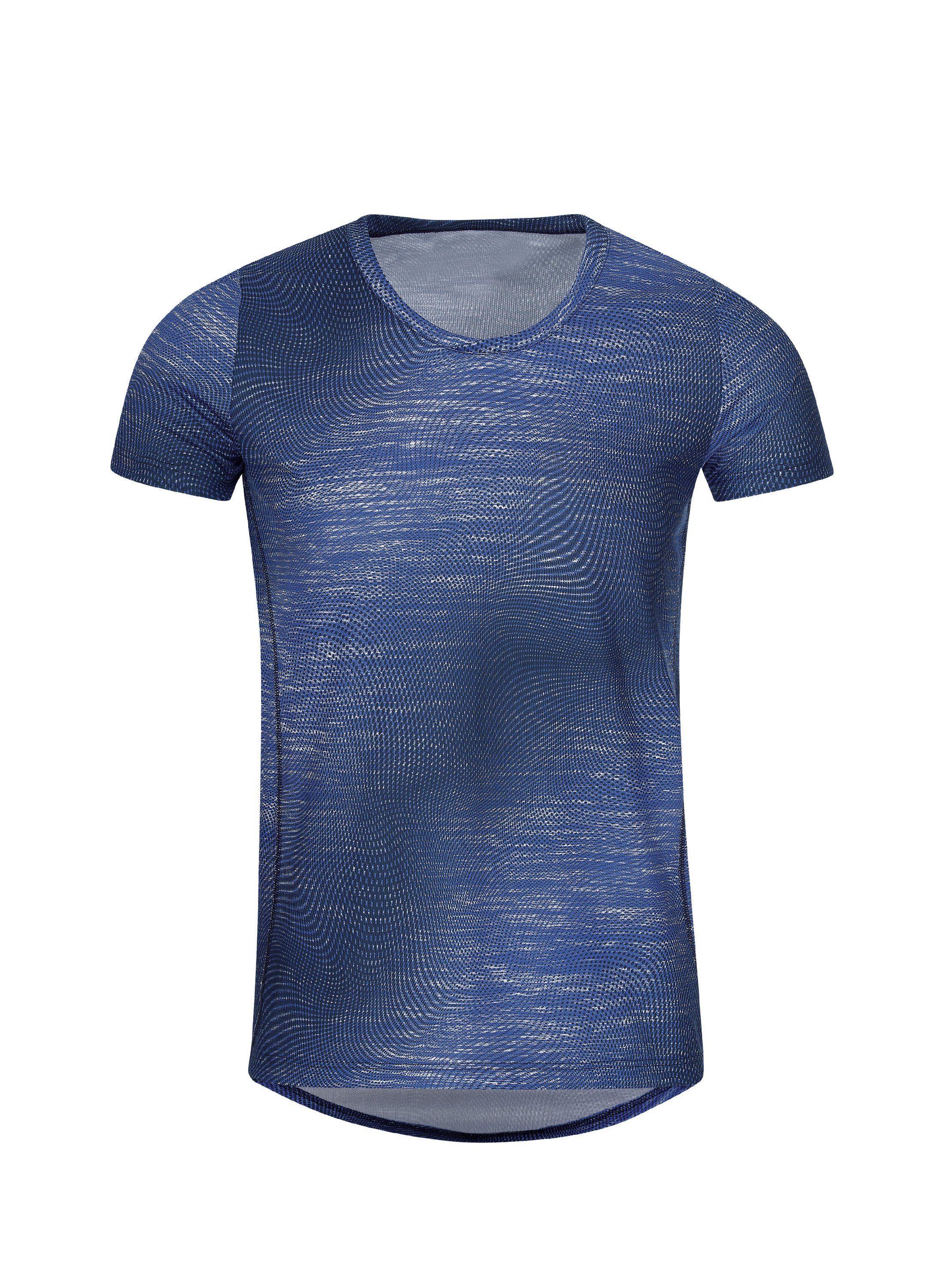 electric-blue Trigema mit modischem TRIGEMA Druck COOLMAX® Sportshirt T-Shirt