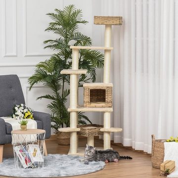 PawHut Kratzbaum mit Katzenhöhle Mehrstufiger Katzenbaum, E1 MDF Sisal, Beige+Braun, 55L x 55B x 174H cm