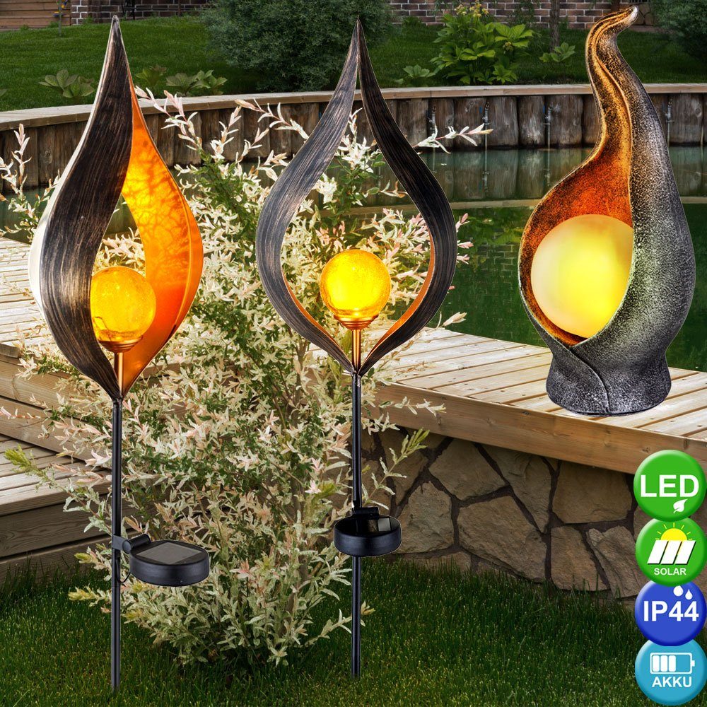 etc-shop Gartenleuchte, LED-Leuchtmittel fest verbaut, Garten bronze LED Steh Steck Set Außen Solar Leuchten 3er Hof