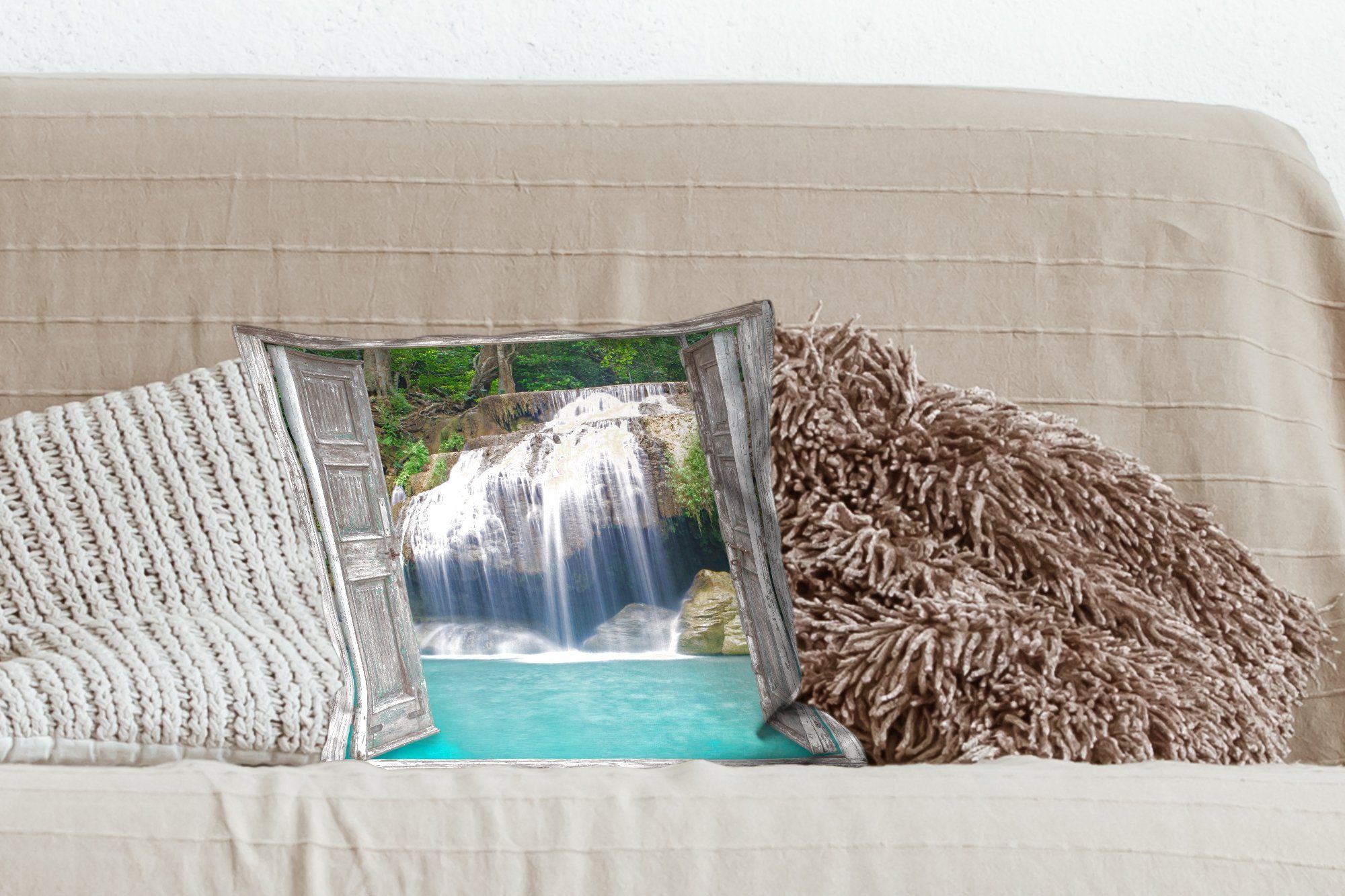 - Aussicht Sofakissen Wasserfall Natur Deko, mit - MuchoWow Landschaft, für Schlafzimmer, Zierkissen Dekokissen Füllung - Wohzimmer,