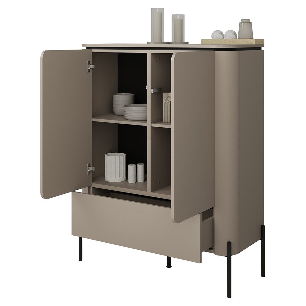 Lomadox Wohnzimmer-Set BRONTE-83, (Mega-Spar-Set, 3-St., Sideboard Lowboard Highboard), in greige mit abgerundeten Fronten, grifflos, Push-to-Open