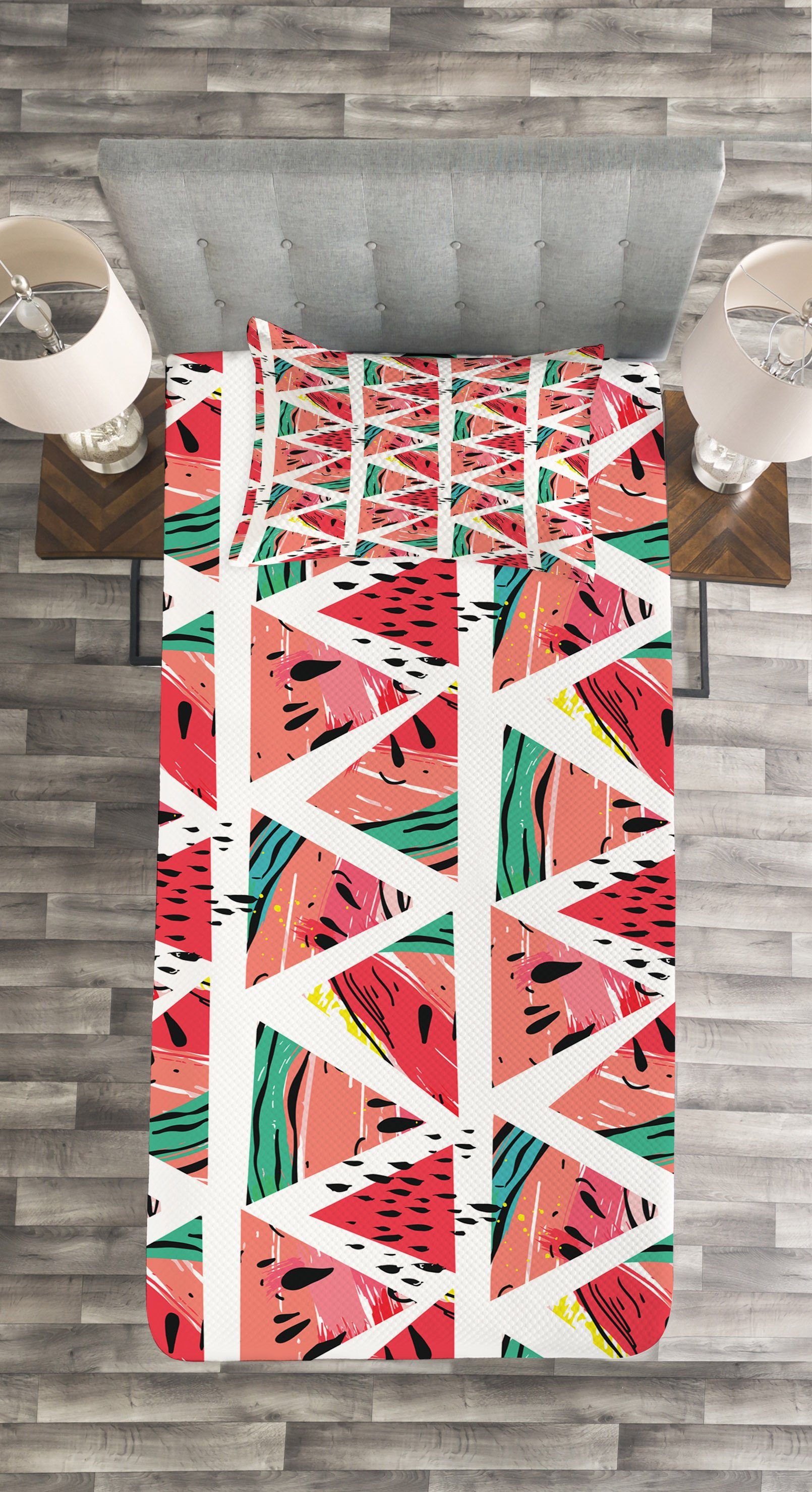 Tagesdecke Set mit Kissenbezügen Waschbar, Aquarell abstrakte Wassermelone Abakuhaus