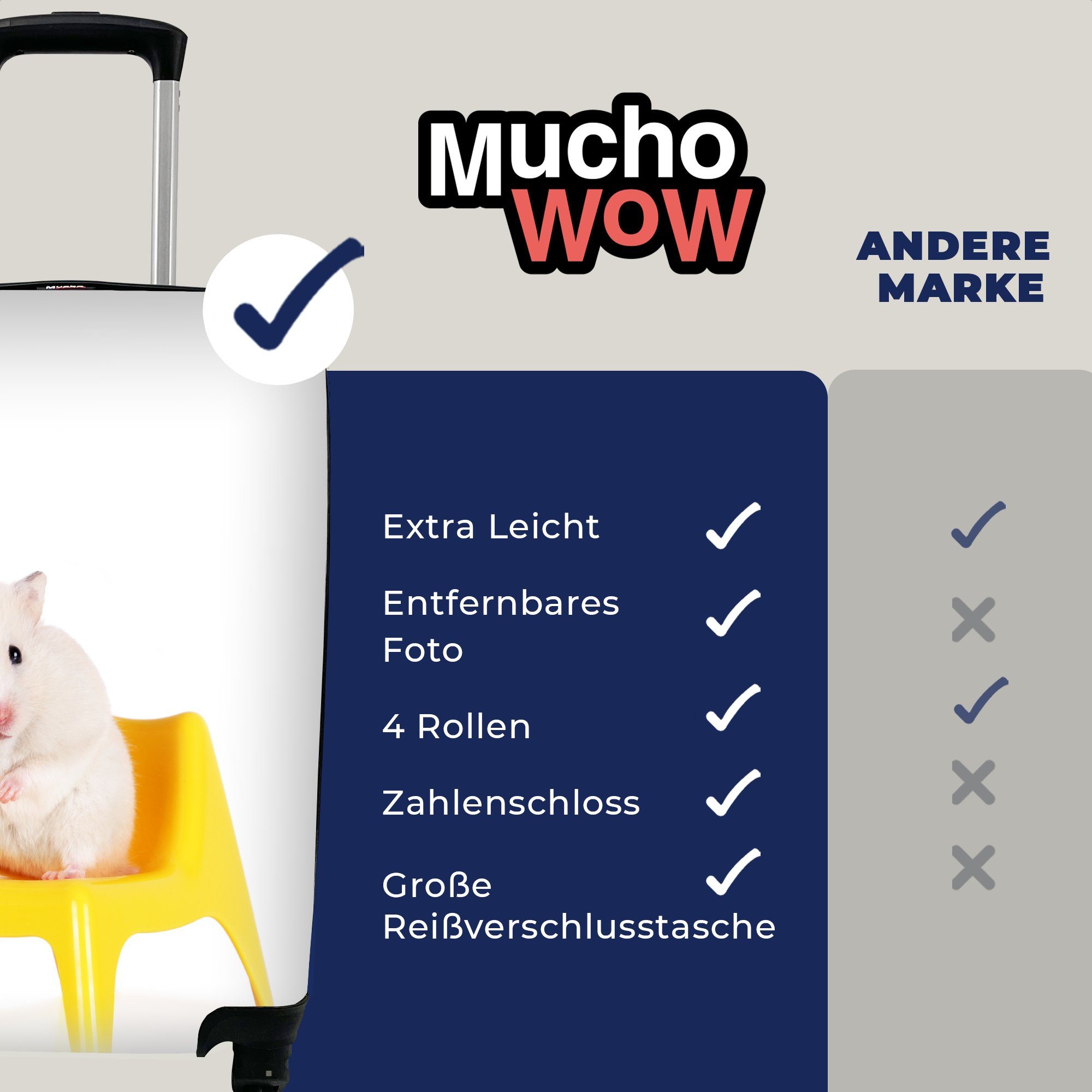 MuchoWow Handgepäckkoffer Weißer Hamster Stuhl, Reisekoffer Reisetasche einem 4 Ferien, für Handgepäck auf Rollen, rollen, Trolley, mit gelben