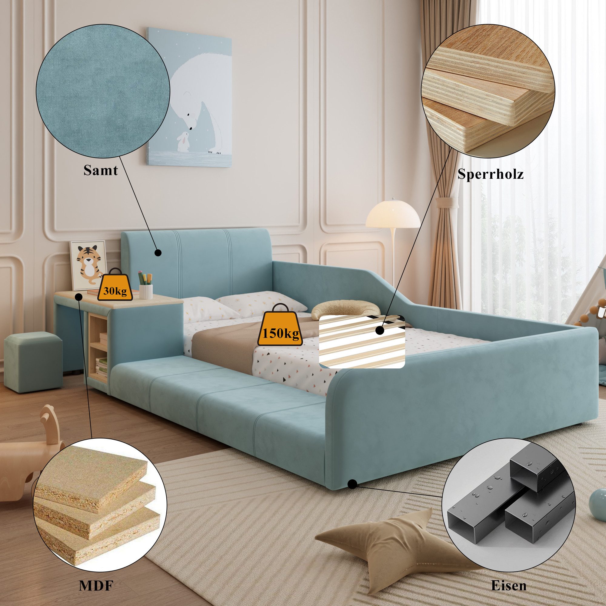 REDOM Polsterbett Kinderbett mit Schreibtisch und Hocker (90x200 cm Samt, W günstig online kaufen