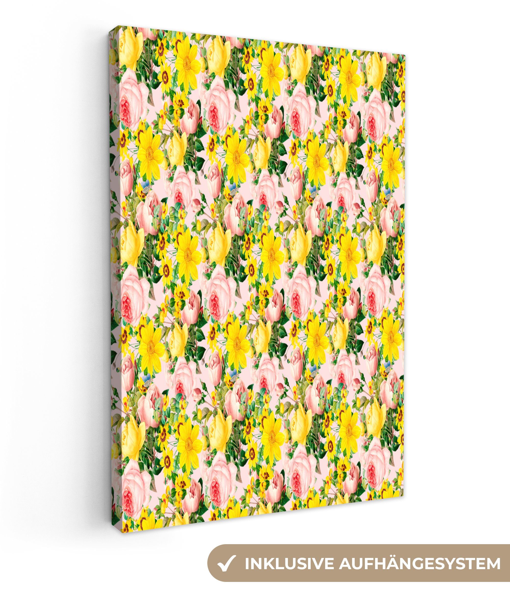 OneMillionCanvasses® Leinwandbild Blumen - Rosen - Muster, (1 St), Leinwandbild fertig bespannt inkl. Zackenaufhänger, Gemälde, 20x30 cm