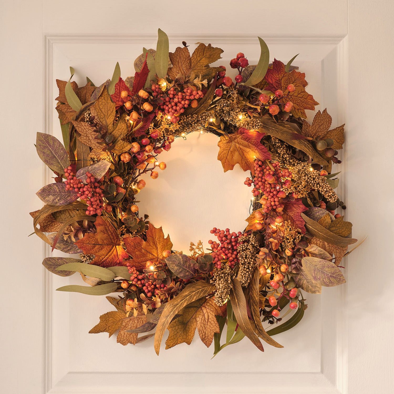 Kunstkranz 60 cm LED-Herbstkranz mit Beleuchtung & Timer in Rot-Grün, Lights4fun