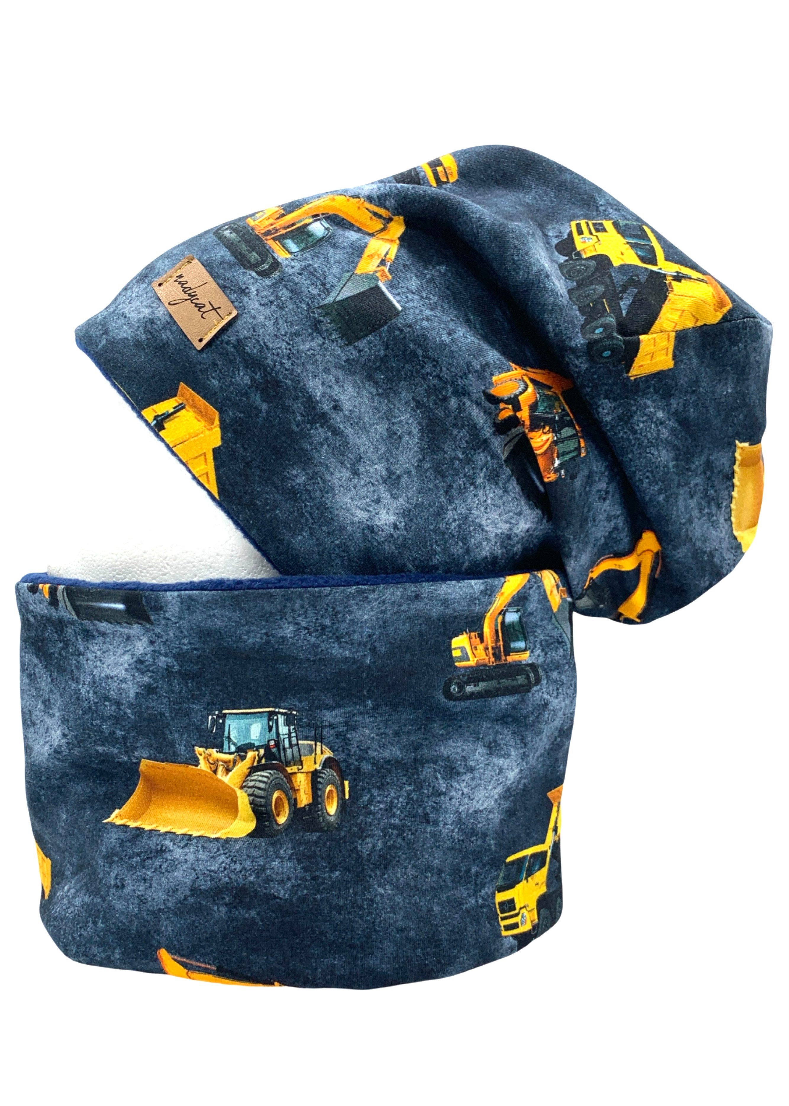 nadycat Beanie BAUFAHRZEUGE Bagger-LKW jeans-dunkelblau (2-St., Beanie mit passendem Loop) handgefertigt aus der Lausitz