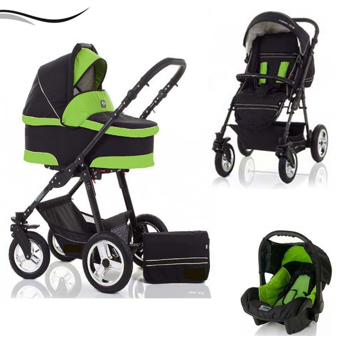 babies-on-wheels Kombi-Kinderwagen City Star 3 in 1 inkl. Autositz - 16 Teile - von Geburt bis 4 Jahre in 16 Farben Schwarz-Grün