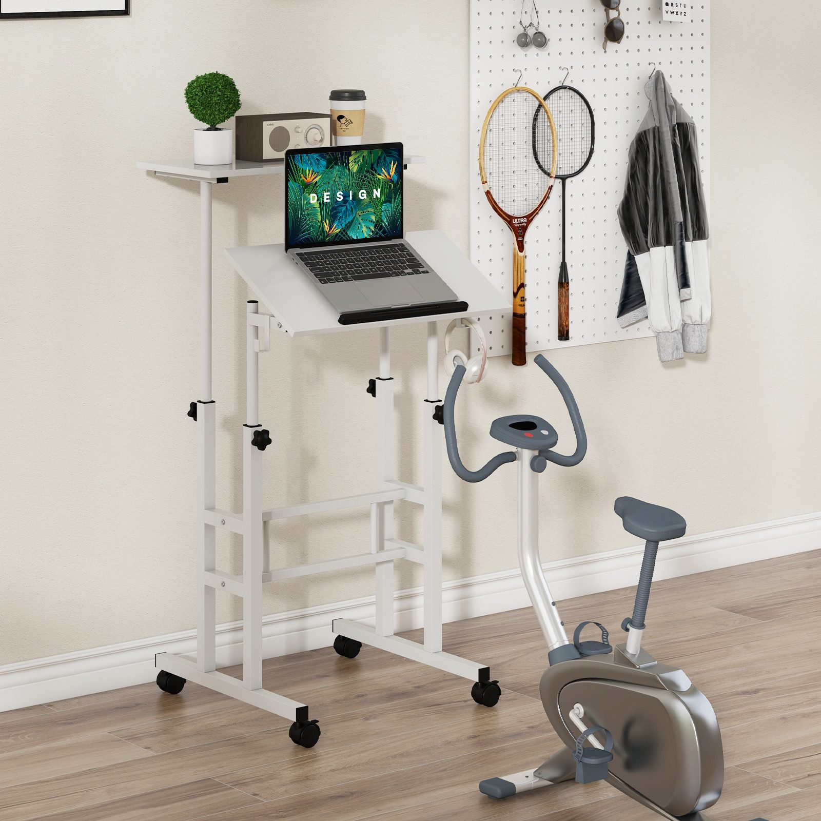 COSTWAY Computertisch, 2-stufig, höhenverstellbar mit Rollen, 72-124cm