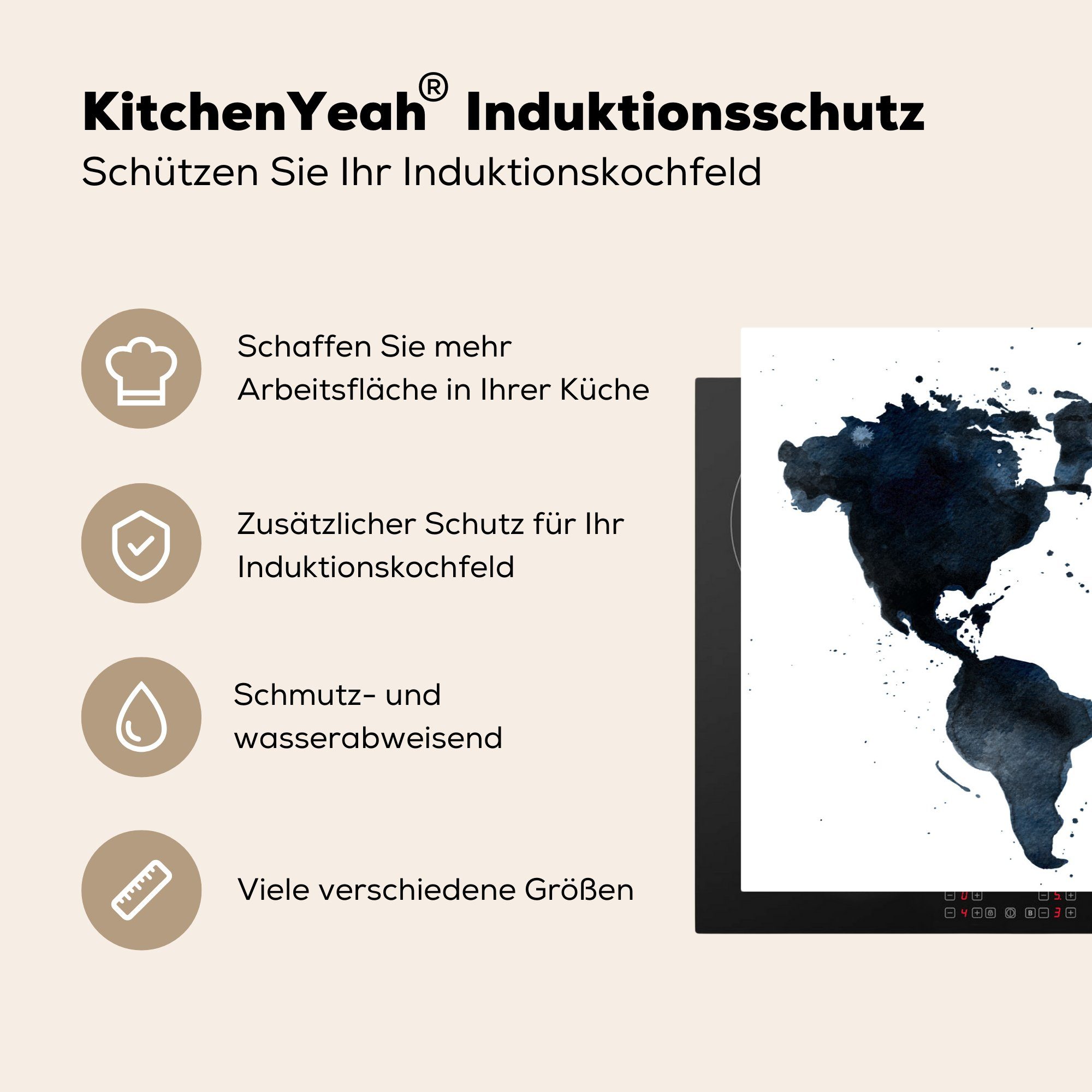 küche, (1 MuchoWow Abstrakt Weltkarte Ceranfeldabdeckung Herdblende-/Abdeckplatte cm, - Vinyl, die 81x52 Blau, tlg), Schutz - Induktionskochfeld für