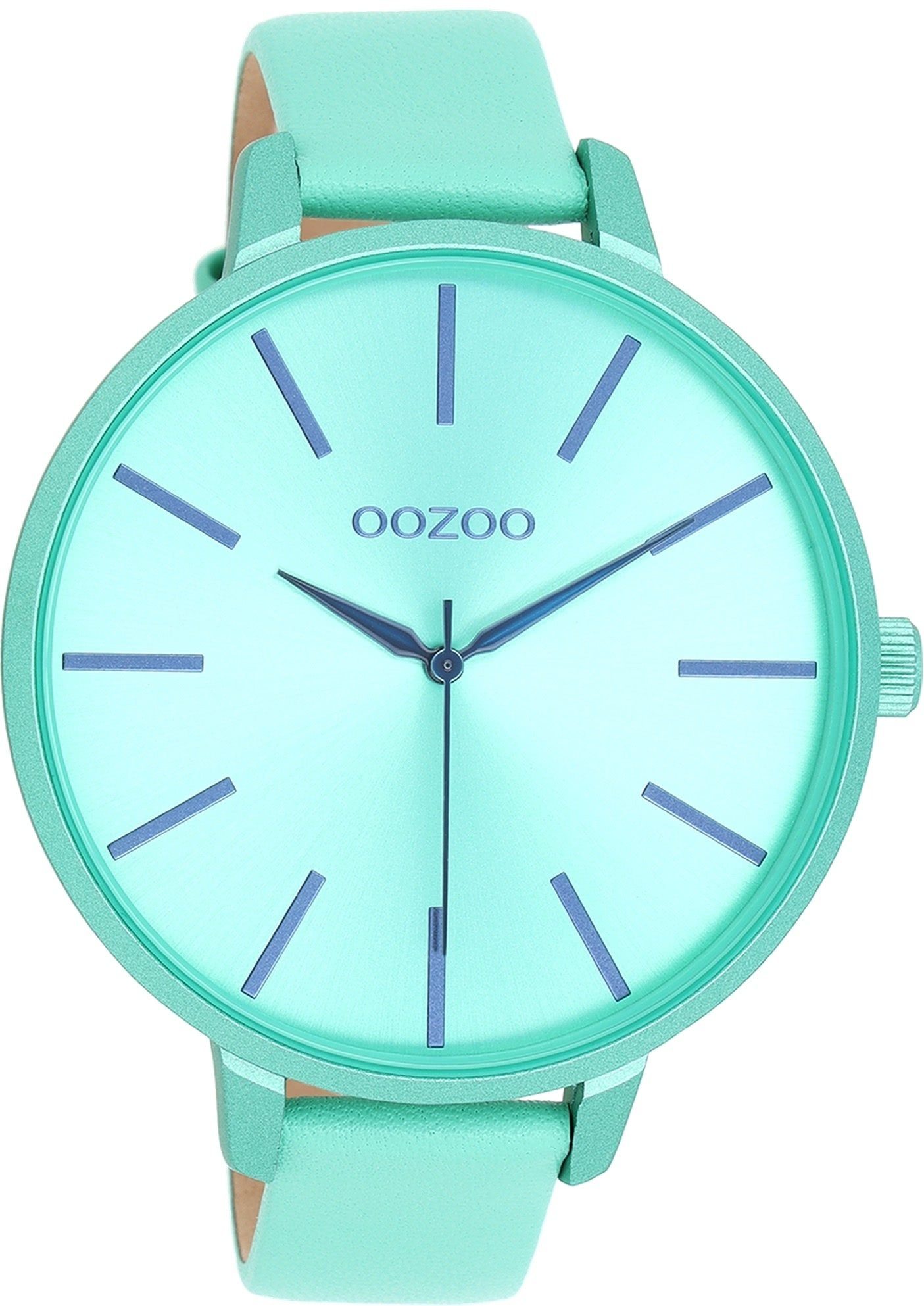 OOZOO Quarzuhr Oozoo Damen Armbanduhr Timepieces Analog, (Analoguhr), Damenuhr rund, extra groß (ca. 48mm), Lederarmband grün, Fashion