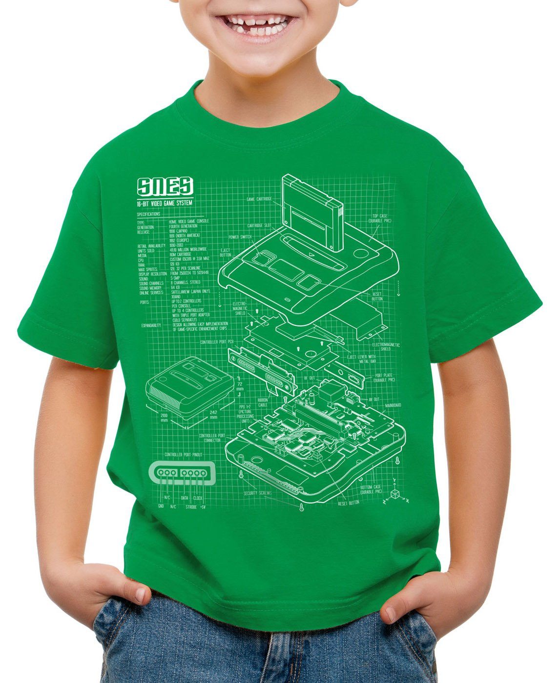 style3 Print-Shirt Kinder T-Shirt SNES Blaupause 16-Bit Videospiel grün
