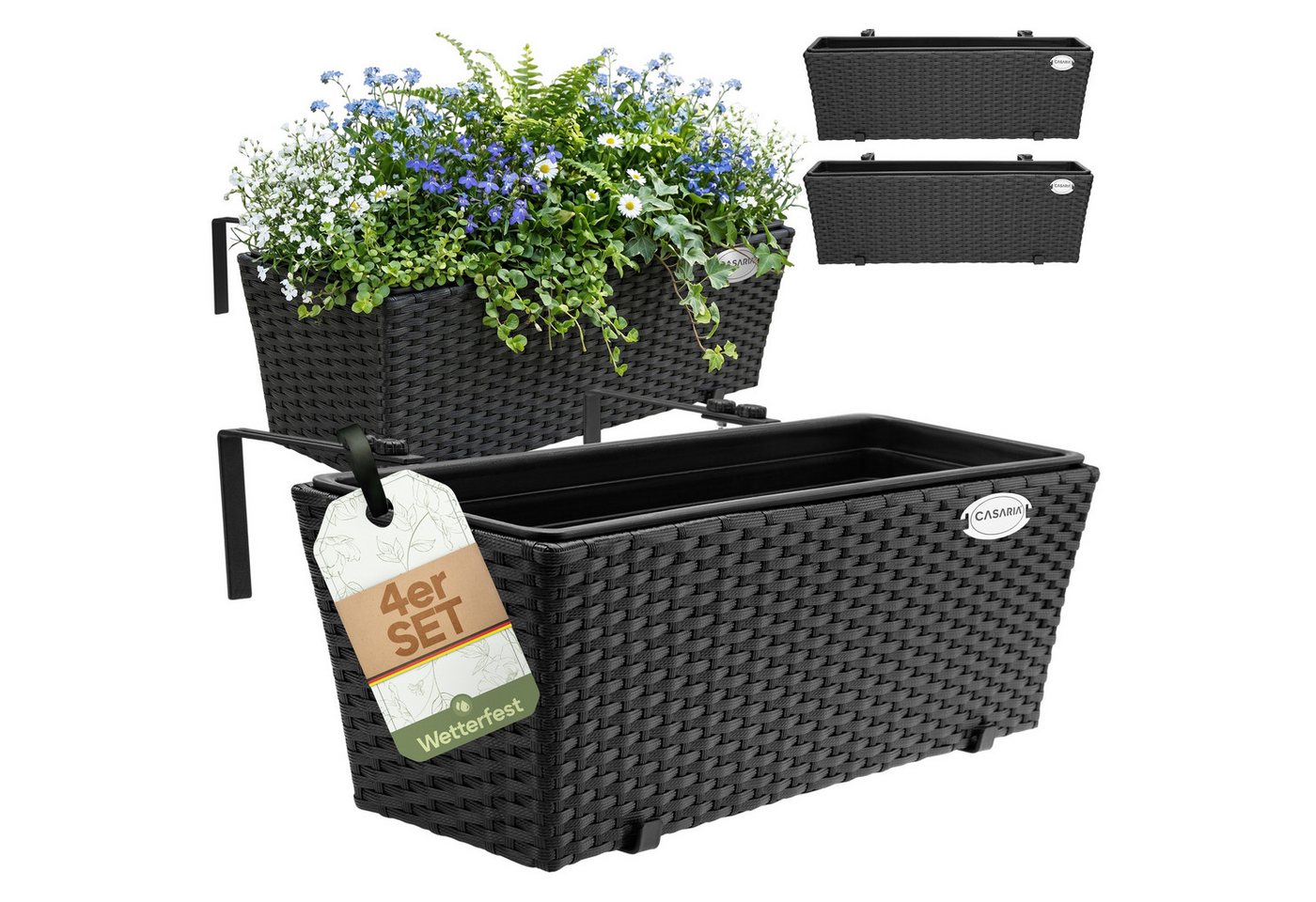 Casaria Blumenkasten, 4er Set 11 Liter Montagehalterung Indoor Outdoor Geländerkasten