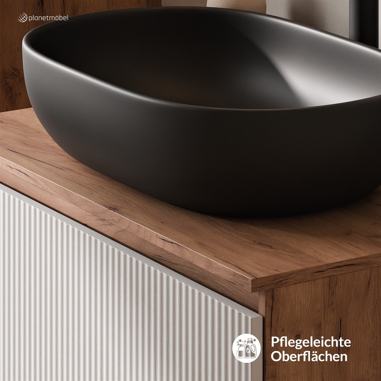 Planetmöbel Waschtisch-Set Arisa 2 teilig, Waschtisch mit Unterschrank 80 cm, Waschbecken 60 cm, (Waschtischunterschrank hängend für Gäste WC & Bad, weiß geriffelt, 2-St., Badmöbel Set mit Waschbecken 60 cm schwarz), Schublade mit Soft-Close Funktion