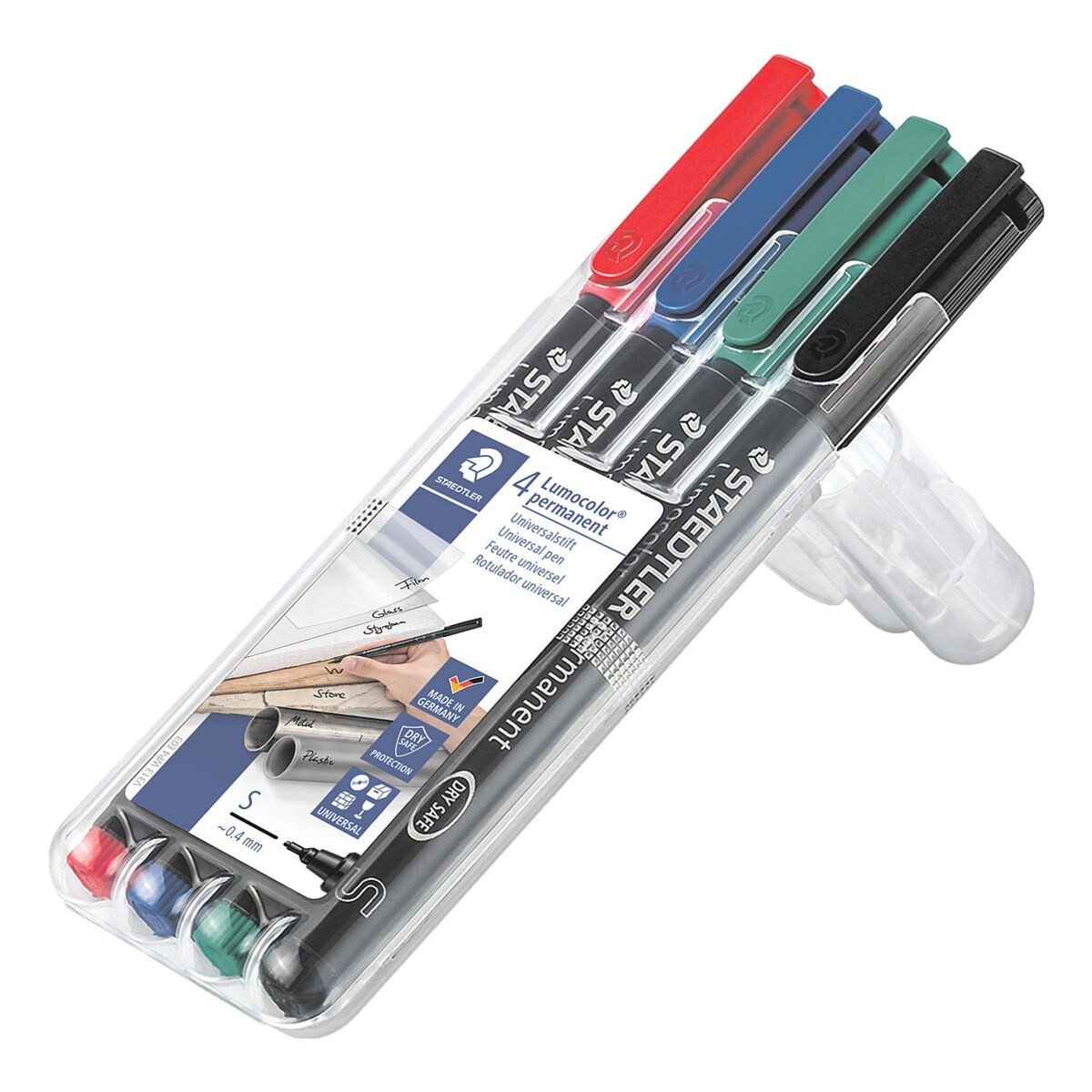 STAEDTLER Permanentmarker Lumocolor permanent S, (4-tlg), wisch- und wasserfest schwarz, rot, blau, grün