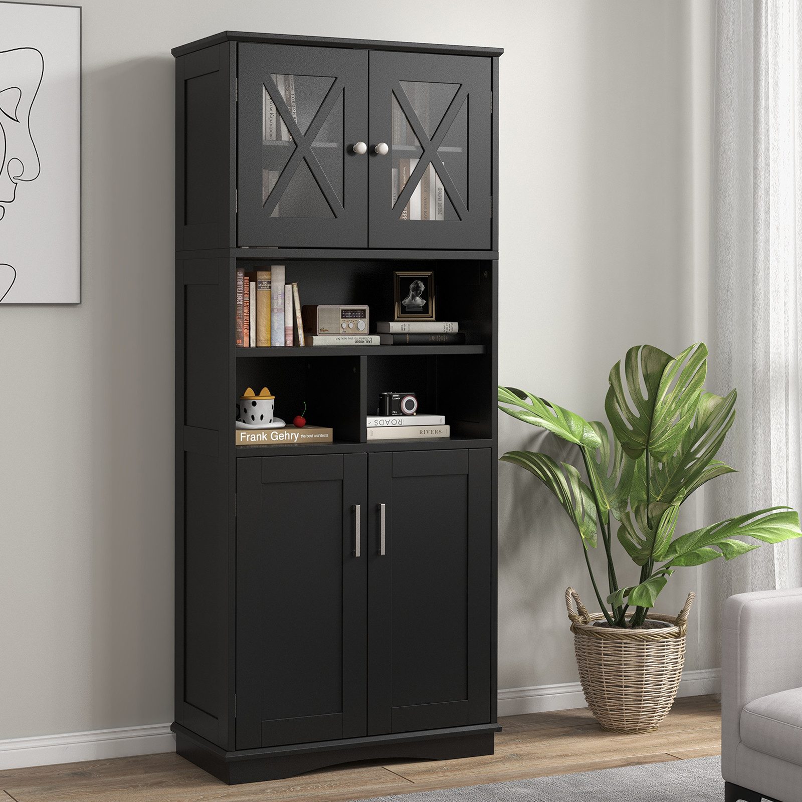 KOMFOTTEU Hochschrank Hochschrank Badezimmerschrank,3 offene Fächer – Bild 2 von 5