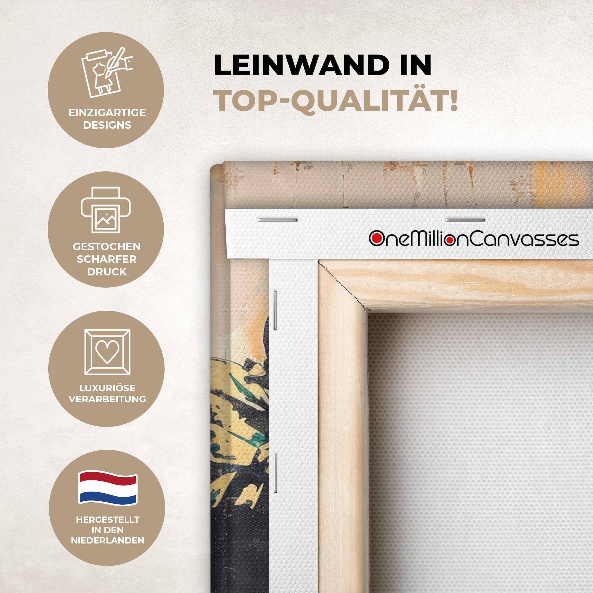 OneMillionCanvasses® Leinwandbild Straßenkunst - Mann - Blumen - Graffiti - Banksy-Stil, Fotodruck (1 St), Leinwand Canvas Wandbild, Wanddekoration 20x30 cm