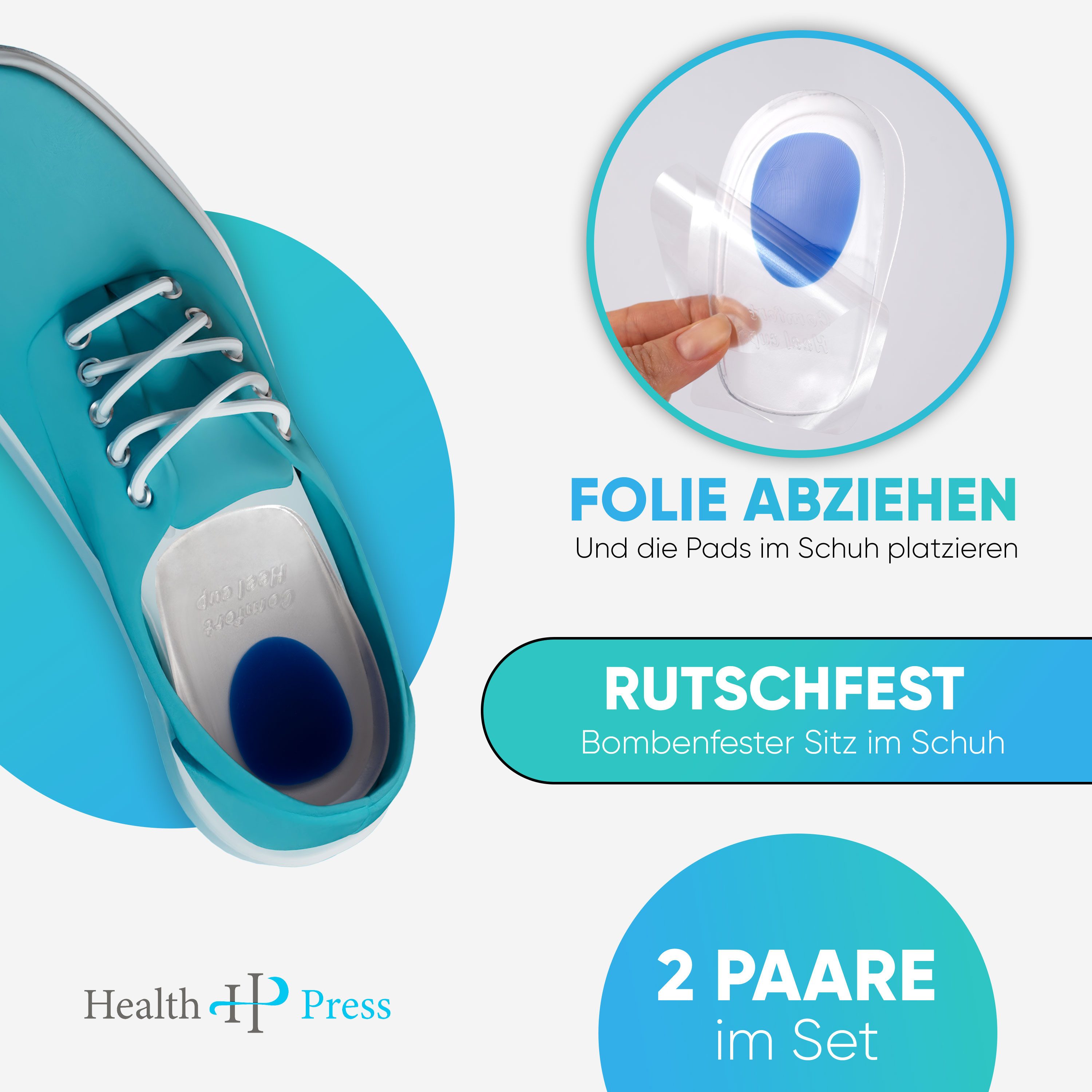 Health Press Fersenkissen Gel Einlegesohlen für Schuhe Dermatologisch getestet