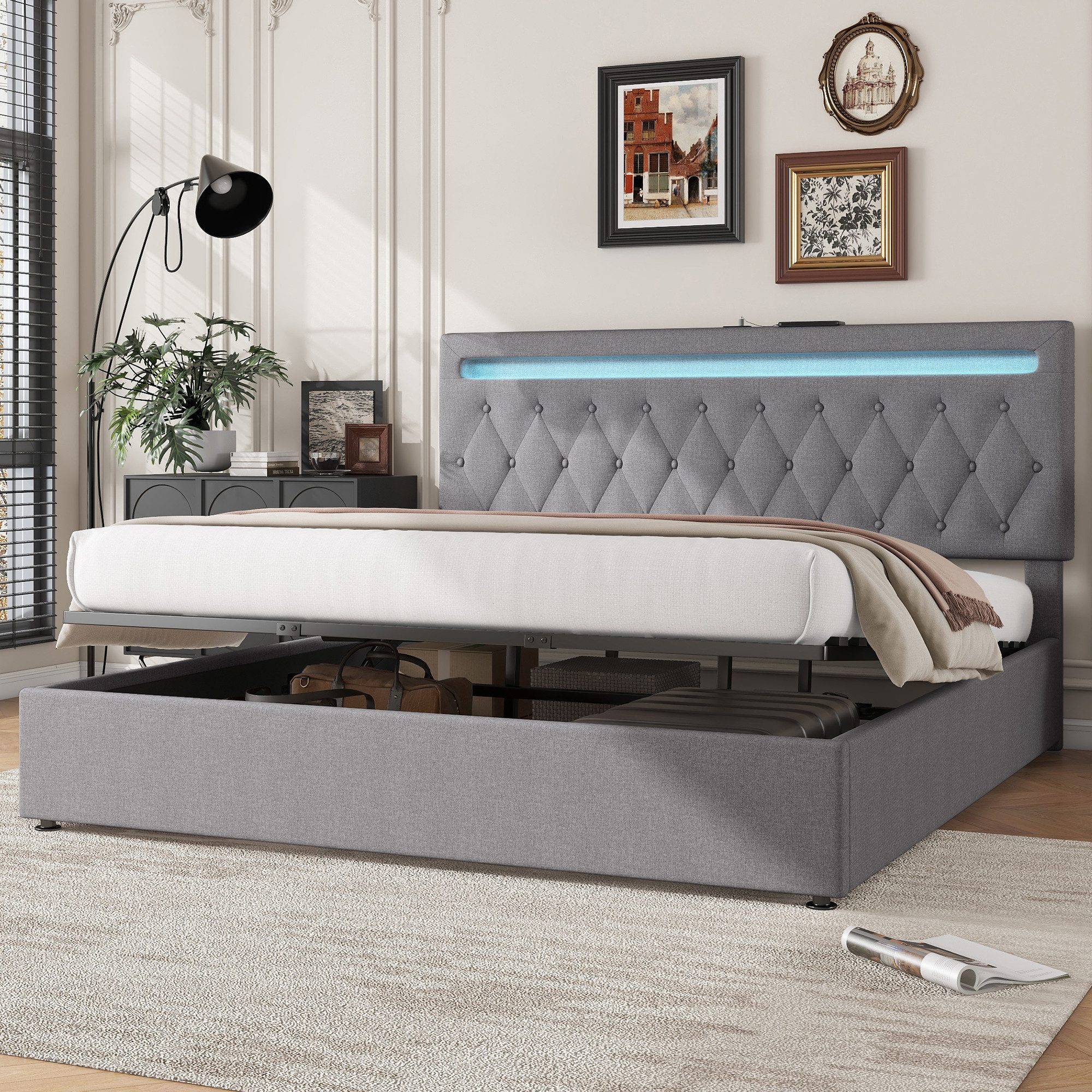 Flieks Polsterbett, LED Hydraulisches Doppelbett 180x200cm mit Ladefunktion günstig online kaufen