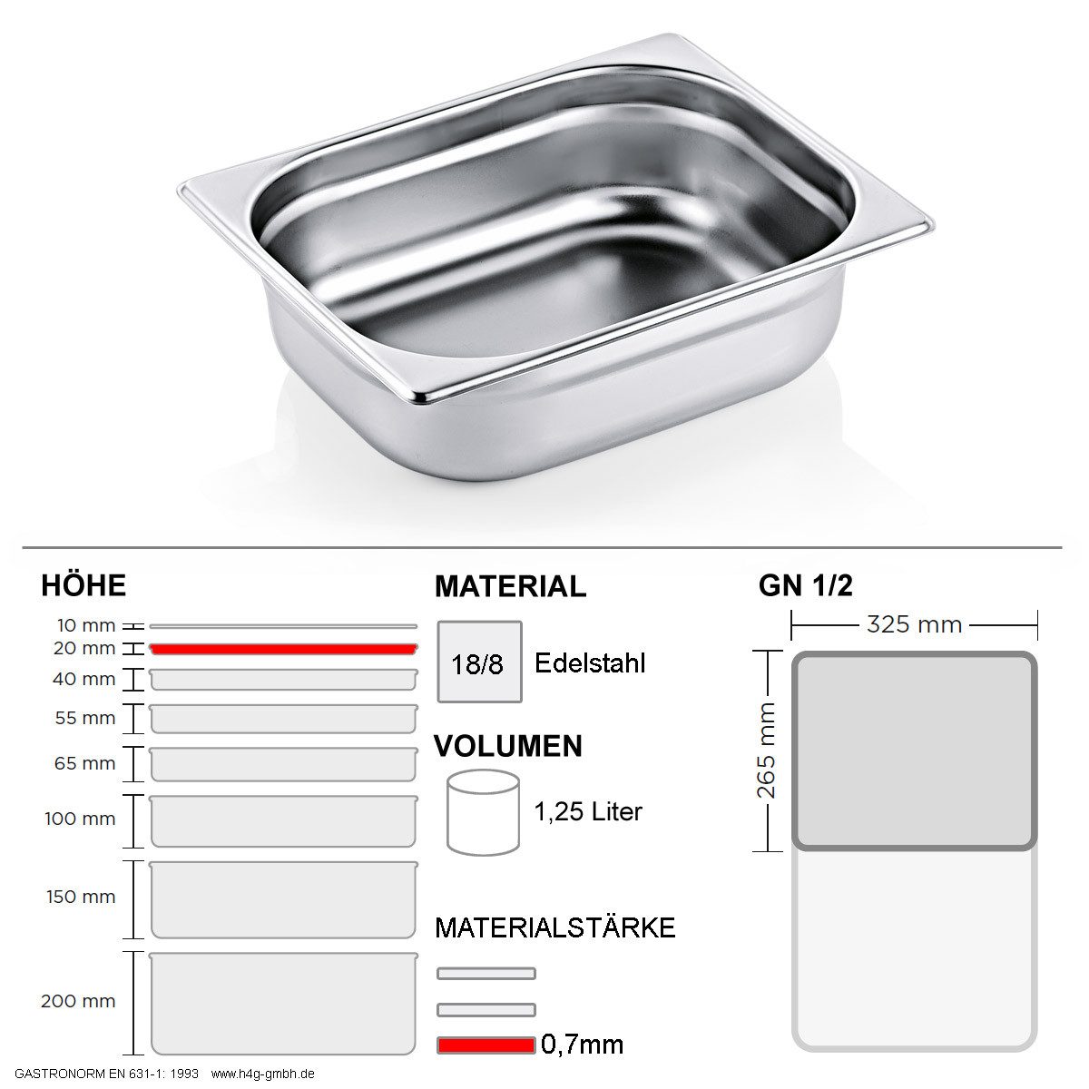 WAS Thermobehälter Gastronorm Behälter GN 1/2 - 20mm - GN90 - 18/8 Edelstahl - 0,7mm, Edelstahl