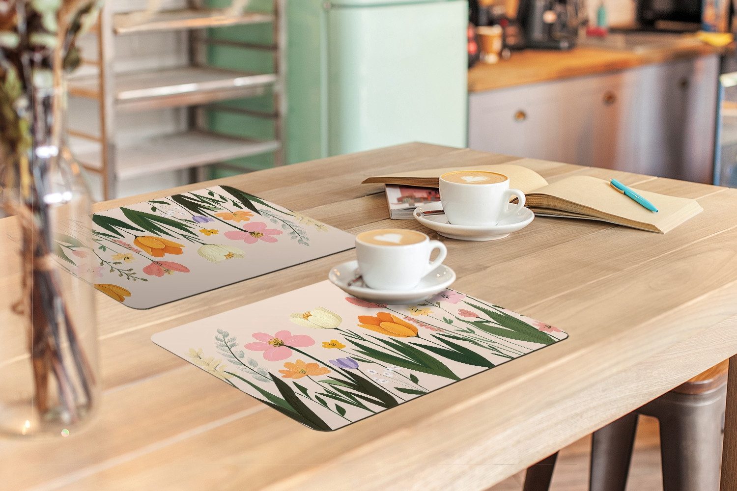 MuchoWow Platzset Pastelltöne - Blumen - Illustration, (6-St), Platzsets, Tischset, Abwaschbar, Tischsets, Platzdeckchen