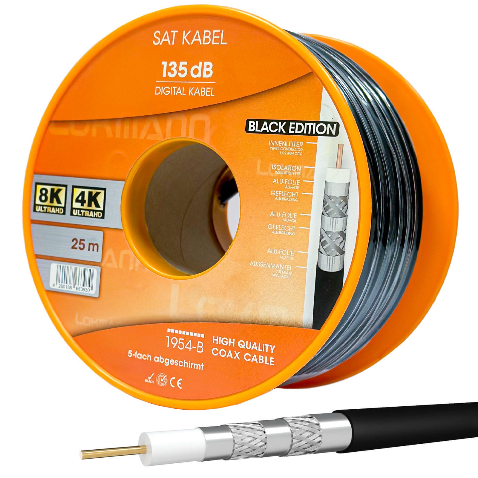 HB-DIGITAL Koaxialkabel Galaxy 135dB 5-Fach geschirmt Stahl Kupfer SAT-Kabel, (2500 cm), UV-stabile, strapazierfähige Ummantelung