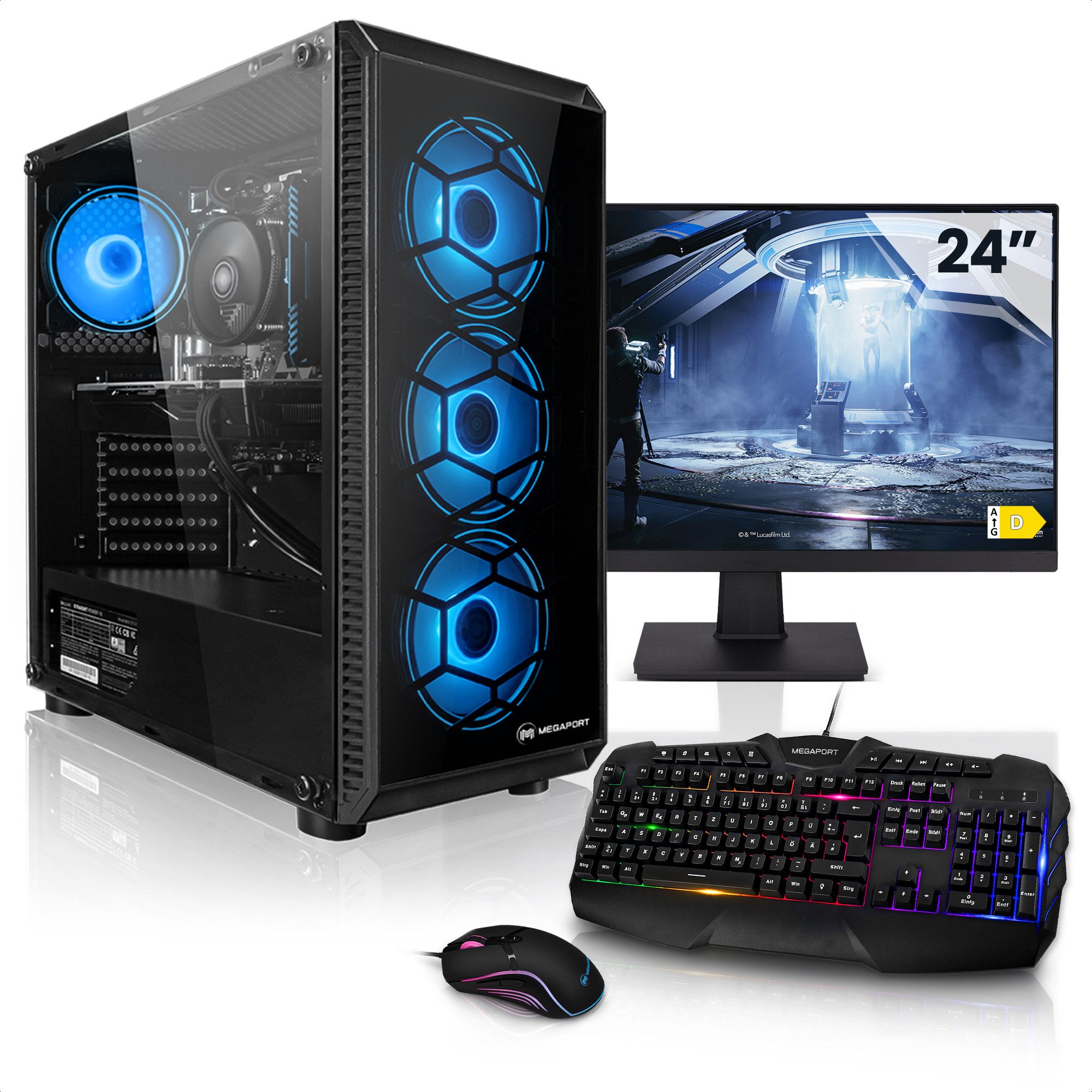 Megaport Gaming-PC-Komplettsystem (24", AMD Ryzen 5 5600 6x3,50 GHz 5600, GeForce RTX 4060 Ti 8GB, 16 GB RAM, 1000 GB SSD, Windows 11, WLAN)