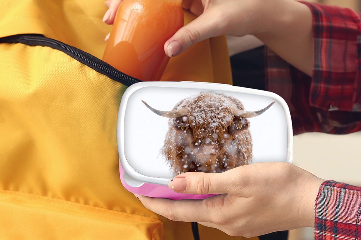 Snackbox, Kinder, MuchoWow - Brotbox Kunststoff, - Porträt, Mädchen, (2-tlg), Erwachsene, Schottischer Lunchbox Brotdose Highlander rosa für Kunststoff Schnee