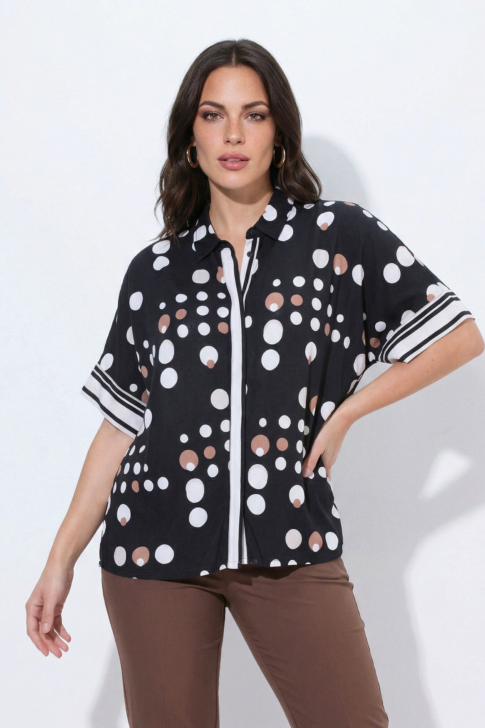 Ulla Popken Longbluse Slinky-Bluse Punkte Oversized Hemdkragen Halbarm