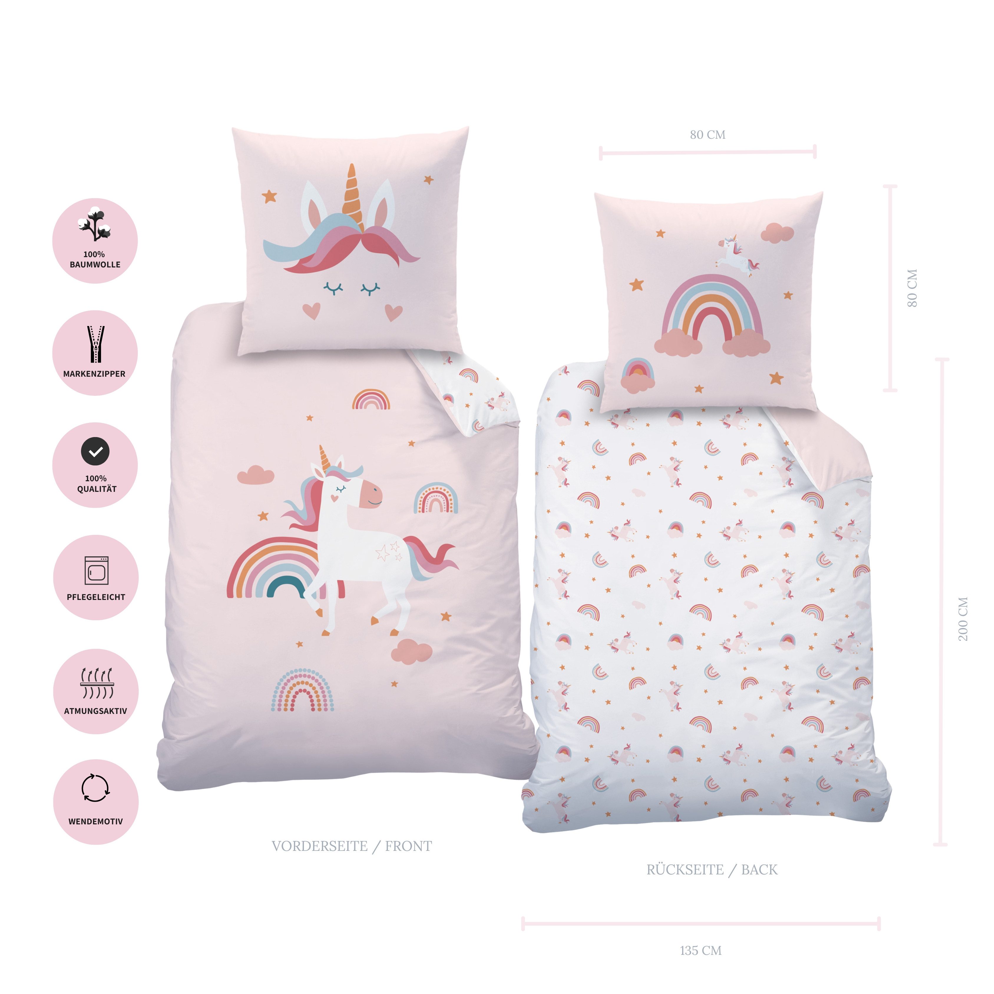 MTOnlinehandel Bettwäsche Einhorn 135x200 + 80x80 cm (Unicorn), 100% Baumwolle, 2 teilig, Mädchen-Bettwäsche Magic Tale, Regenbogen, Sterne und Wolken – Bild 4 von 5