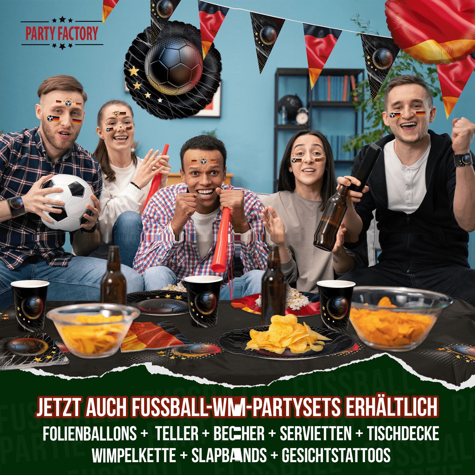 Party Factory Dekoteller Fußball WM Set2 Deutschland 38-tlg Geschirr Serv. Wimpelkette T-Decke