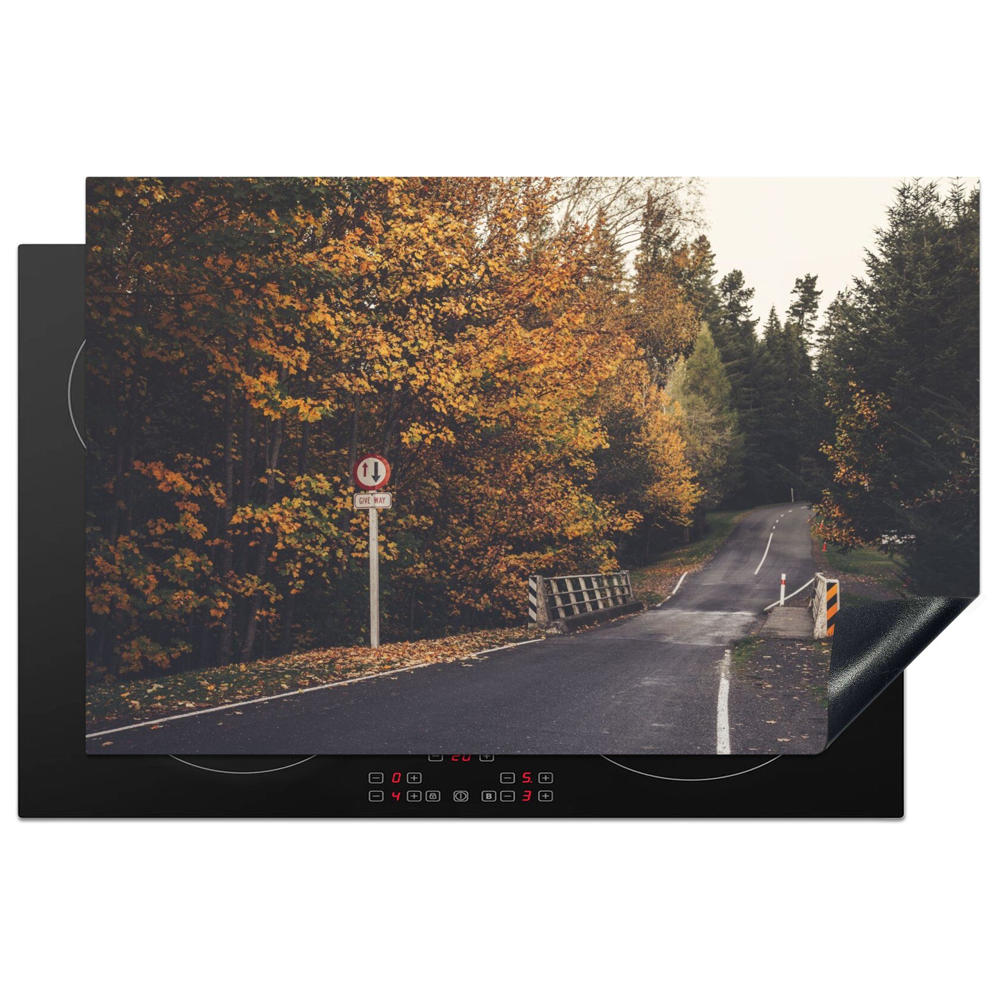 MuchoWow Herdblende-/Abdeckplatte Bäume - Straße - Herbst, Vinyl, (1 tlg), 80x52 cm, Induktionskochfeld Schutz für die küche, Ceranfeldabdeckung