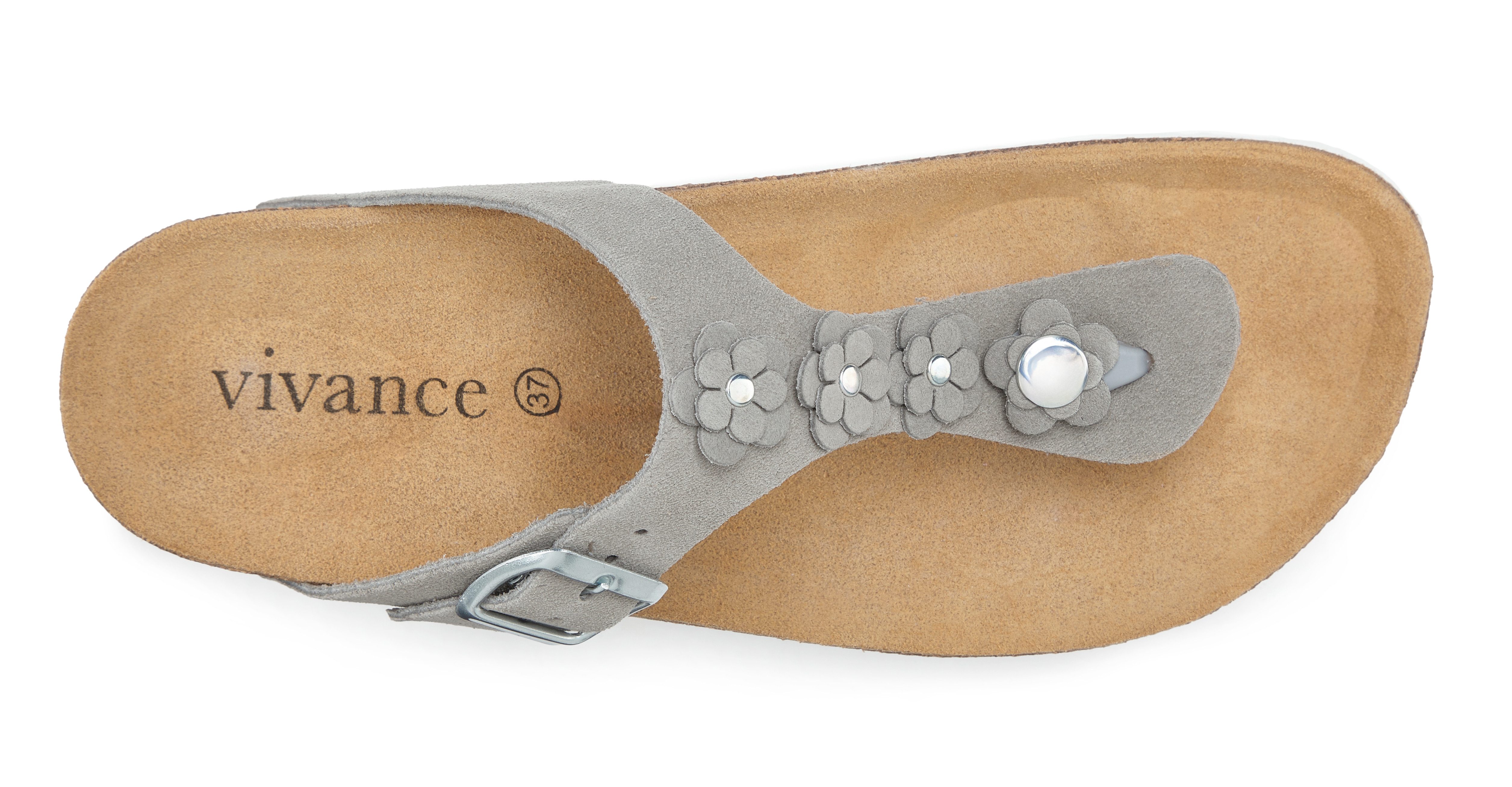 Vivance Mule, Sandale, offener Schuh, Sommerschuh, Pantolette NEU aus Leder mit Korkfußbett und Blüten-Applikation