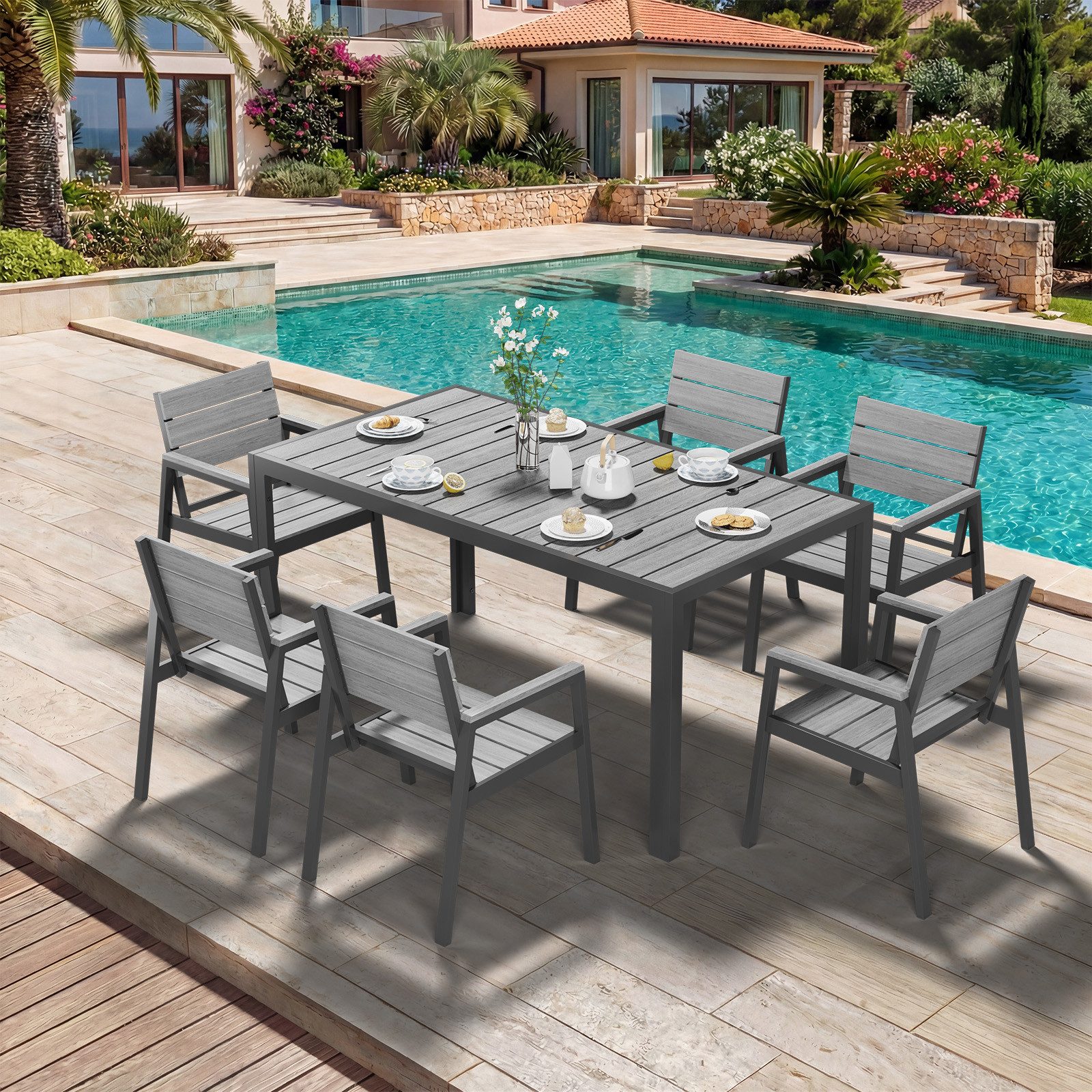 HOMALL Garten-Essgruppe Gartenmöbel Set Essgruppe für 4-8 Personen mit Tisch Garten-Essset, (PS-Holzoptik Garten-Essset, Aluminium-Rahmen Wetterfest & Rostfrei, Terrassen Essgruppe Outdoor Essset für Terrasse Pool Garten Balkon)