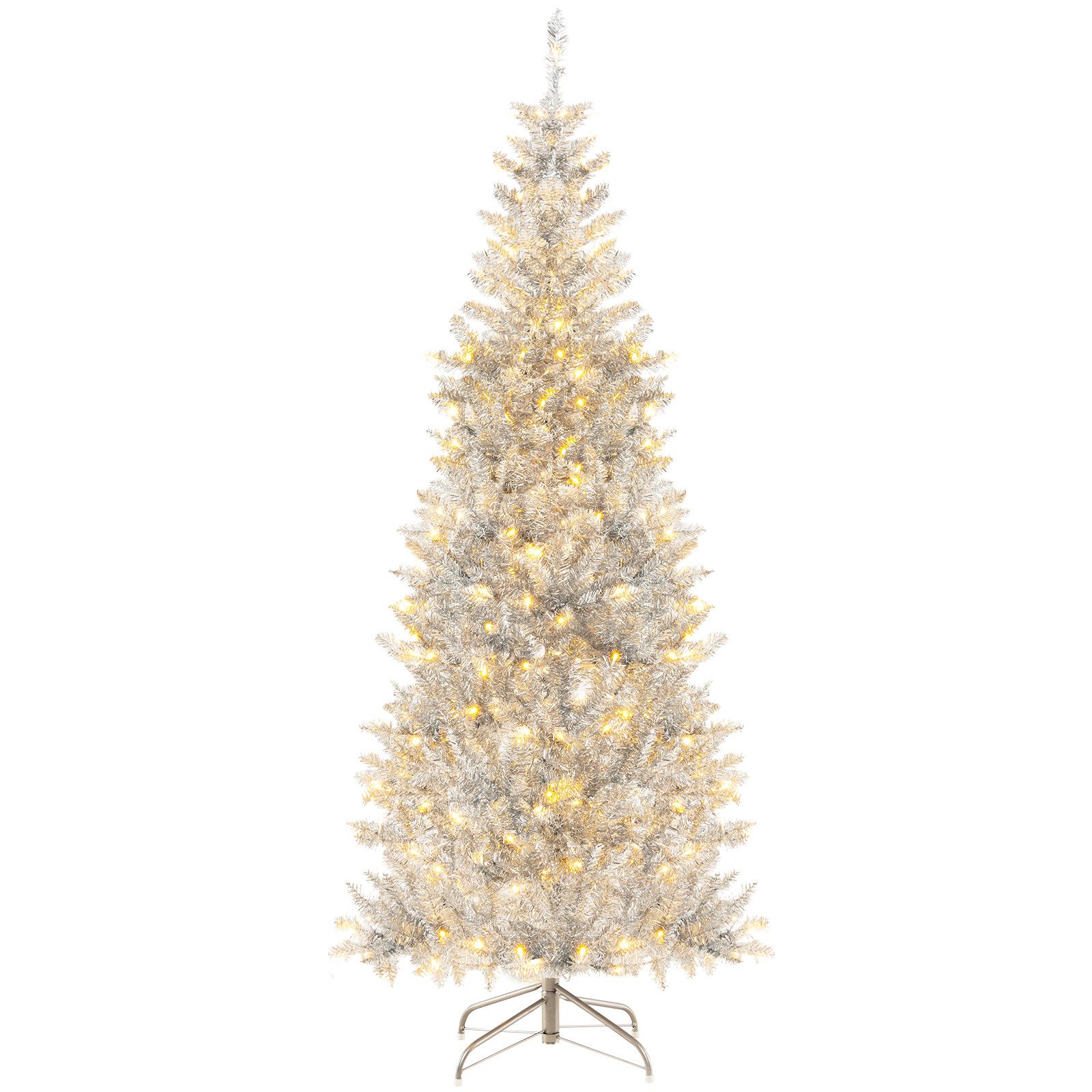 COSTWAY Künstlicher Weihnachtsbaum, 180cm mit 300 LEDs & 790 Spitzen, silber