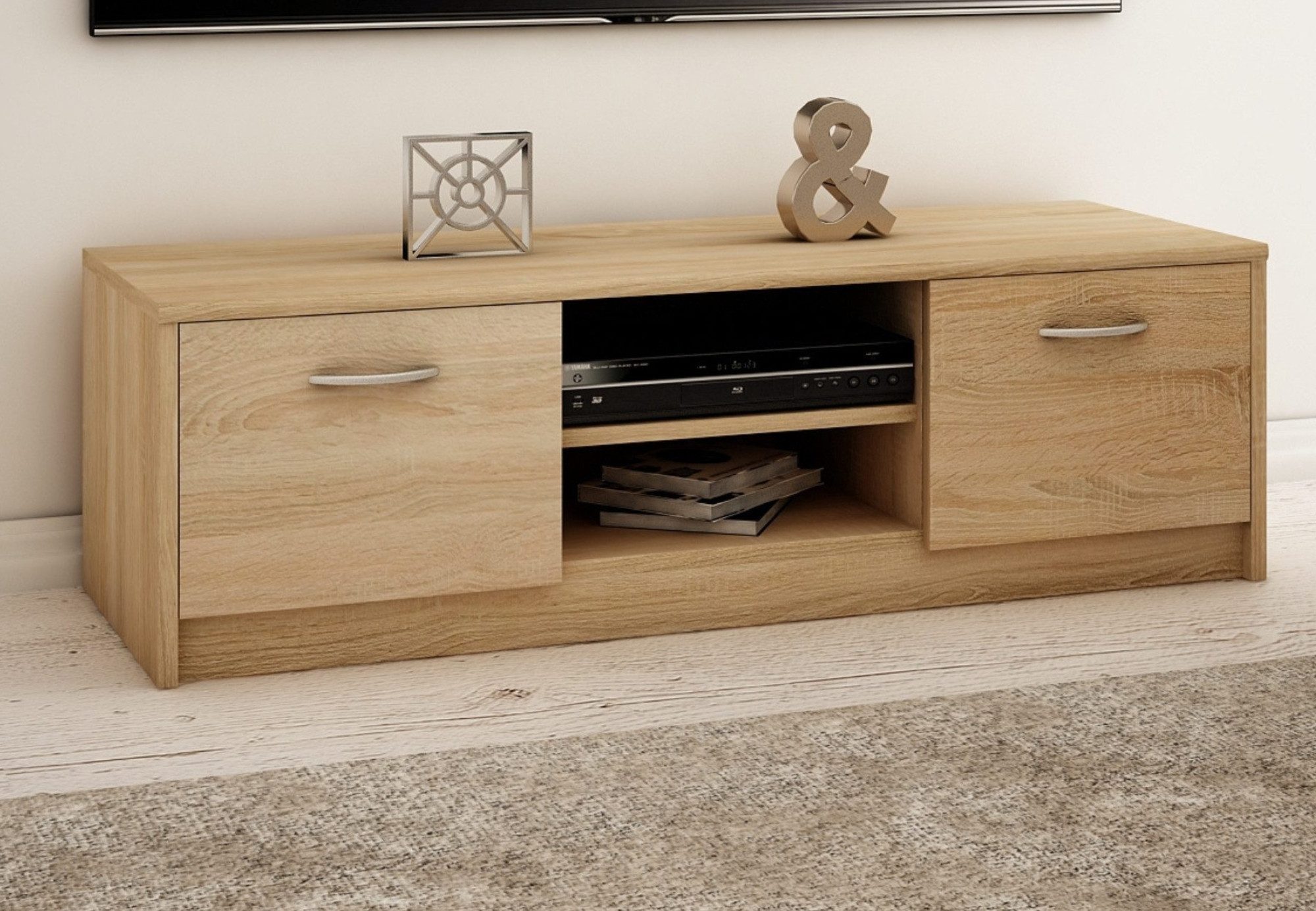 Home Collective TV-Schrank 120cm breit Lowboard mit matter Oberfläche Fernsehtisch (abgerundete Kante und Metall-Rollschienen Fernsehkommode) mit 2 Türen und 1 Regal, aus laminiertem Board sonoma
