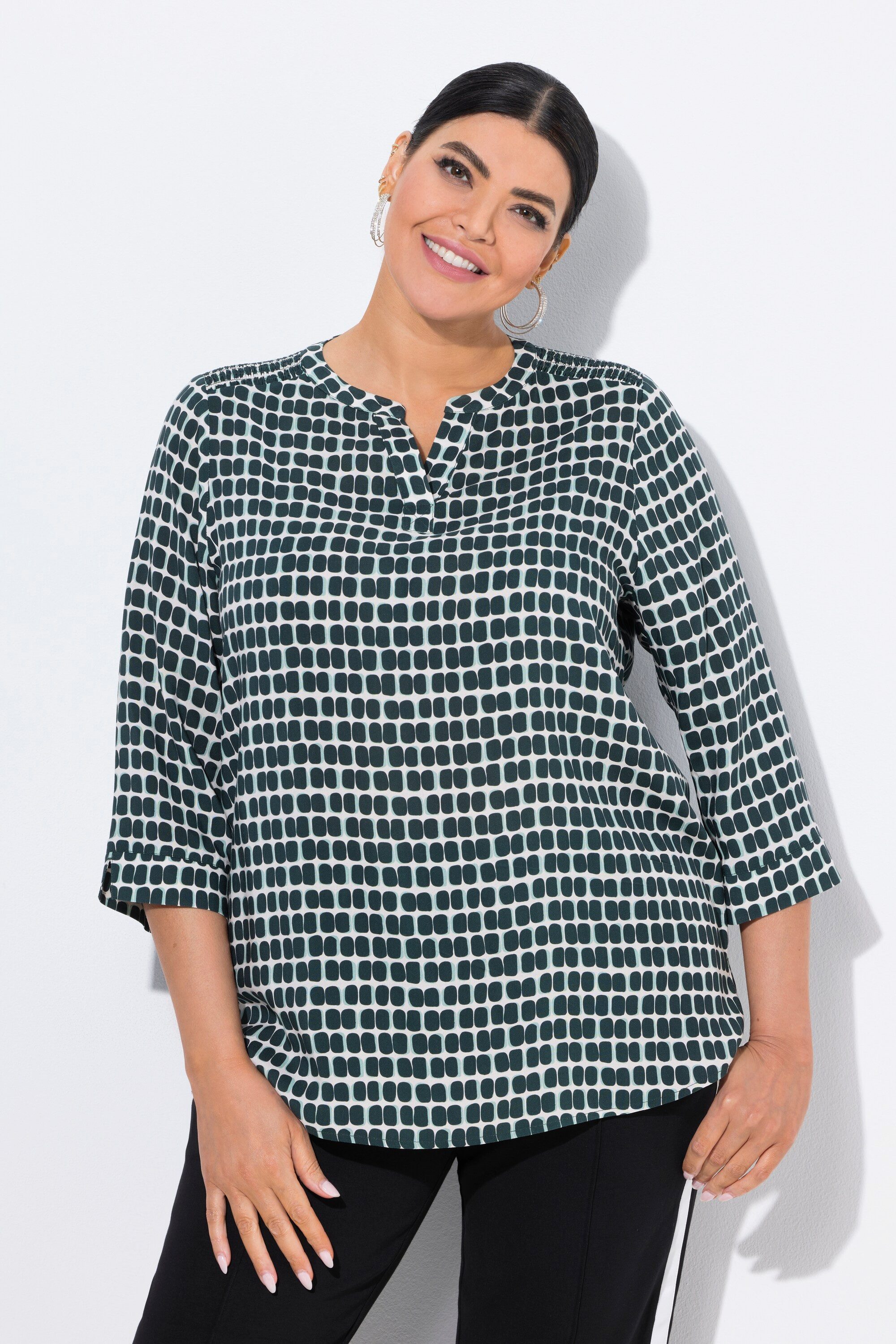 Ulla Popken Longbluse Satinbluse Smok-Schulter Tunika-Ausschnitt 3/4-Arm günstig online kaufen