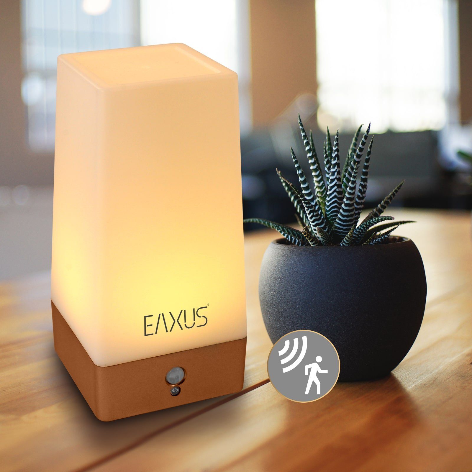 EAXUS LED Tischleuchte Kabllose im Nachttischleuchte, Nachtlicht Look, & mit LED integriert, Kupfer/Bronze fest Bewegungssensor Nachtlampe Dämmerungssensor, warmweiß